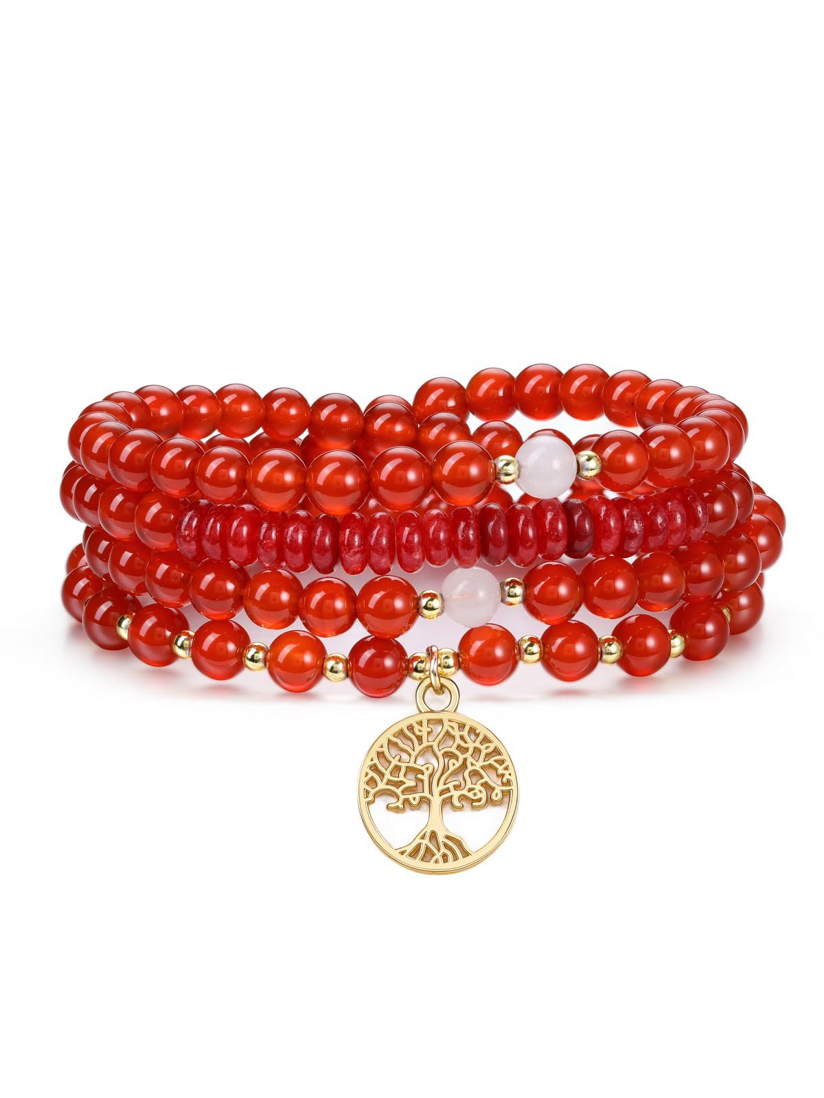 Jovivi 108 Mala Beads Bracelet Necklace, Natural Red Agate Healing Crystal Stones Prayer Beads Yoga Meditation Gemstone Necklace Gold Copper Tree Life Pendant