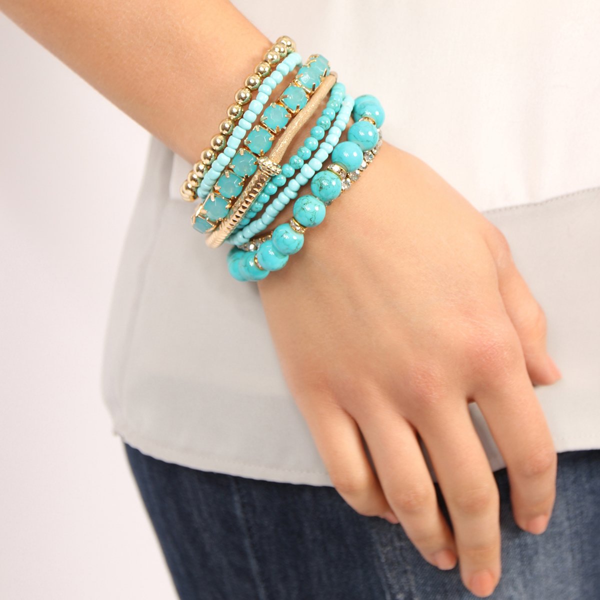 RIAH FASHION Multi Color Stretch Beaded Stackable Bracelets - Layering Bead Strand Statement Wrap Bangles (Original - Turquoise, 7.0 Inches)