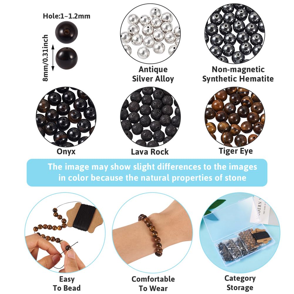 FASHEWELRY Mala Yoga Men Bracelet Making Kit - 220pcs Natural Gemstone Lava Rock Tiger Eye Beads Healing Crystal Chakra Stone Beads with Black Nylon String for Essential Oil Diffuser Jewelry Making