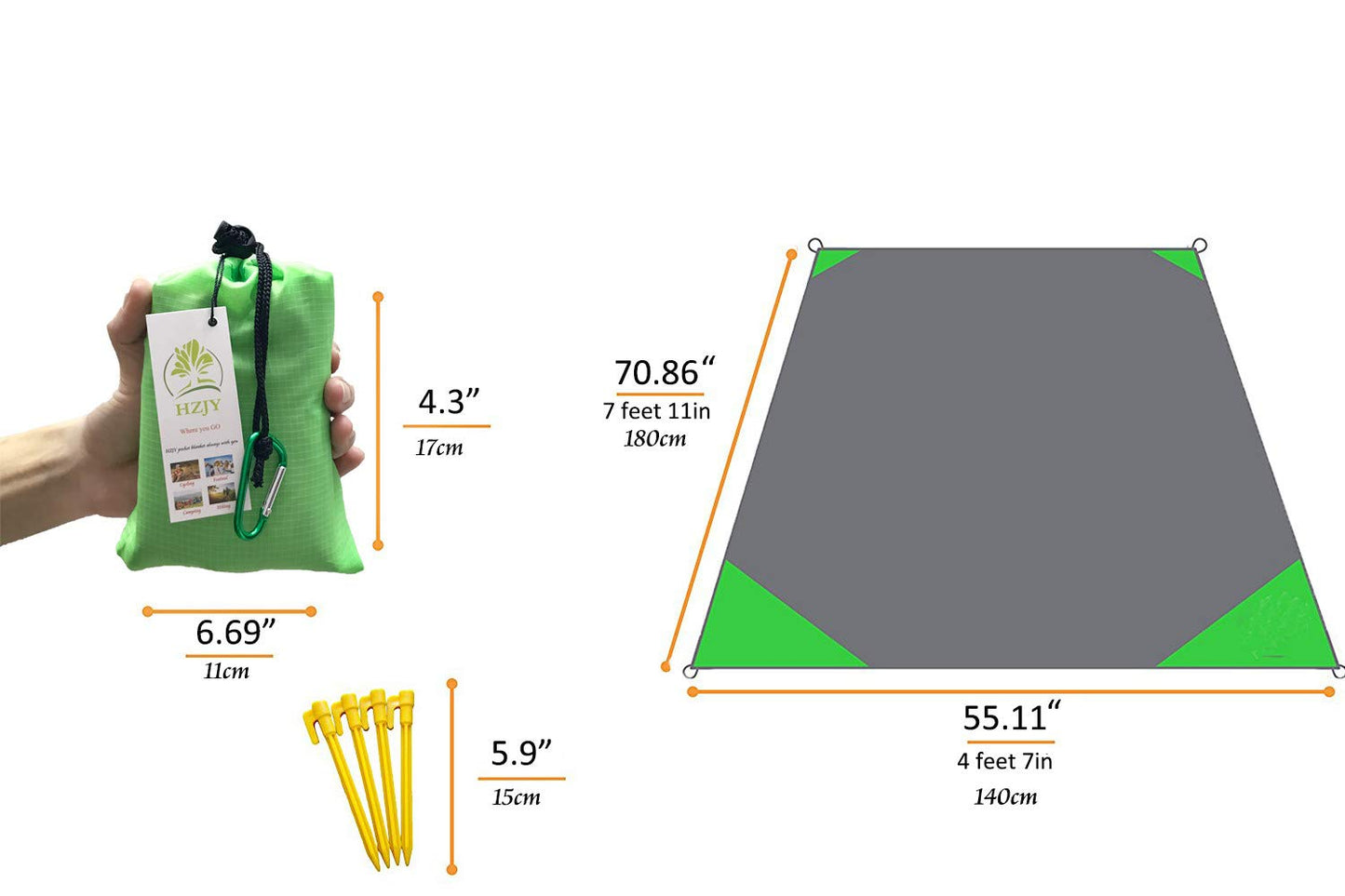 HZJOYUE Pocket Blanket 71"x55", Lightweight Compact Sandproof Waterproof Outdoor Blanket for Beach, Hiking, Camping, Travel, Festivals, Picnic with Pockets, Loops, Stakes, Carabiner
