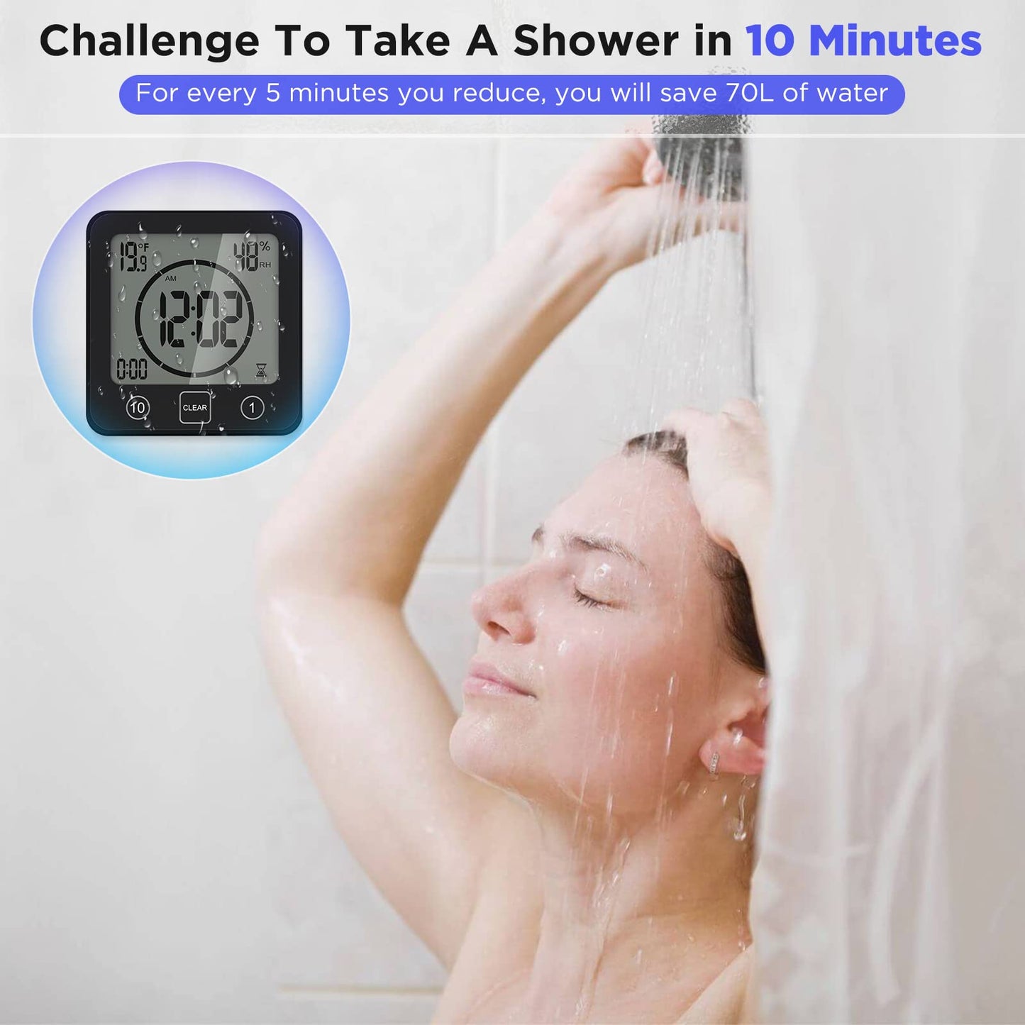 SS SUNSBELL Digital Bathroom Shower Wall Clock Timer, Shower Clock Waterproof with Big LCD Display, Touch Screen Timer with Suction, Large Countdown Visual Hanging Wall Clock (Black)