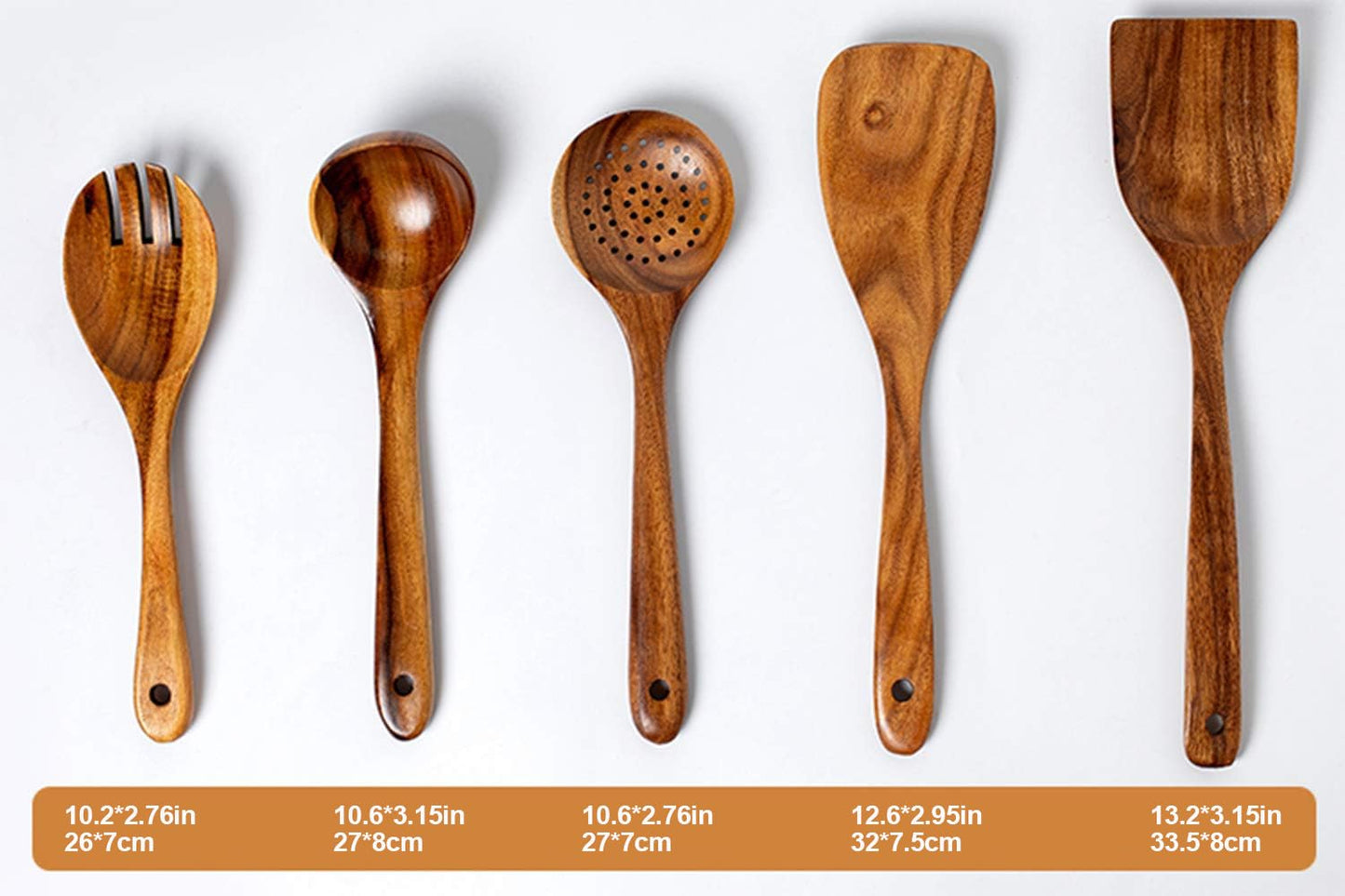 Wood Kitchen Utensils Set, 5 PCs Natural Acacia Wooden Spoons For Cooking for Non-stick Skillet, Utensil set For Cooking With Soup Ladle and Wok Spatulas, Salad fork, Spurtles for Cooking