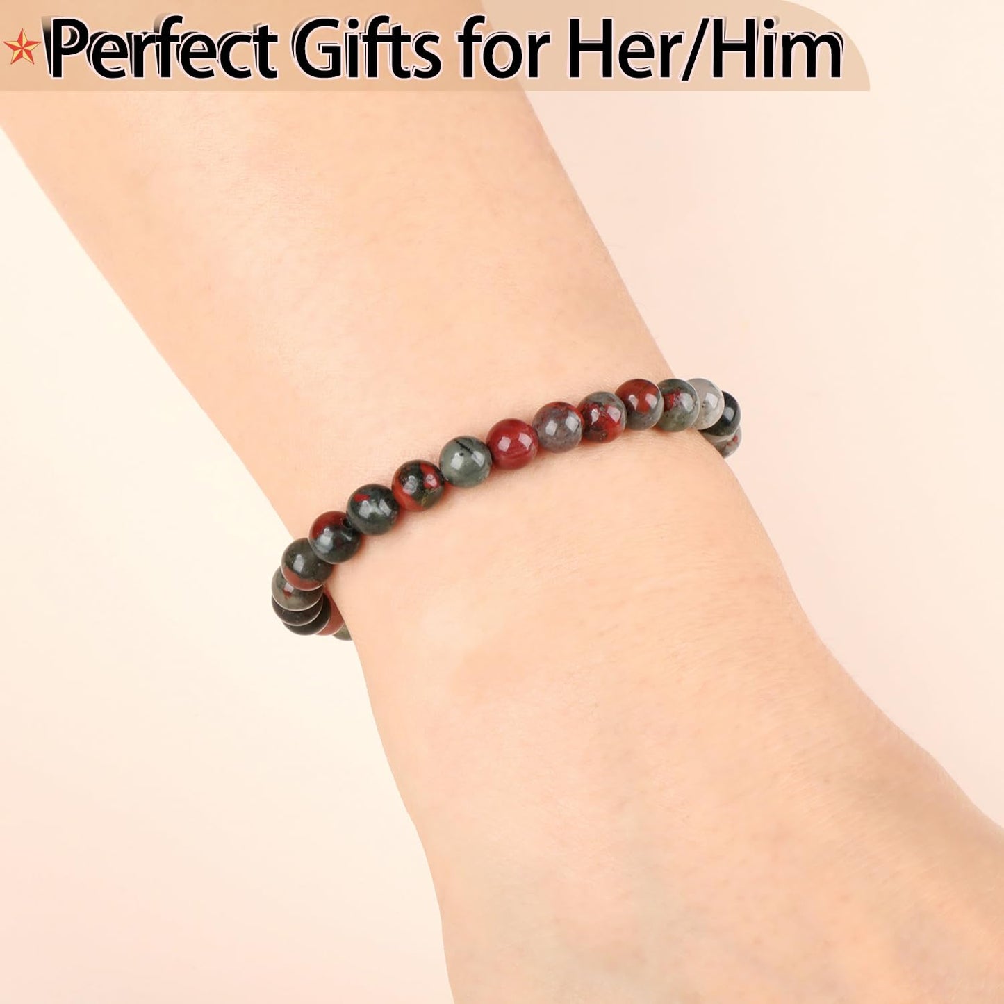 QOGIR African Bloodstone Bracelet - Stone of Glory Bracelet for Men Women - Handmade Natural Gem Stone Beaded Stretch Elastic Healing Bracelets 6mm