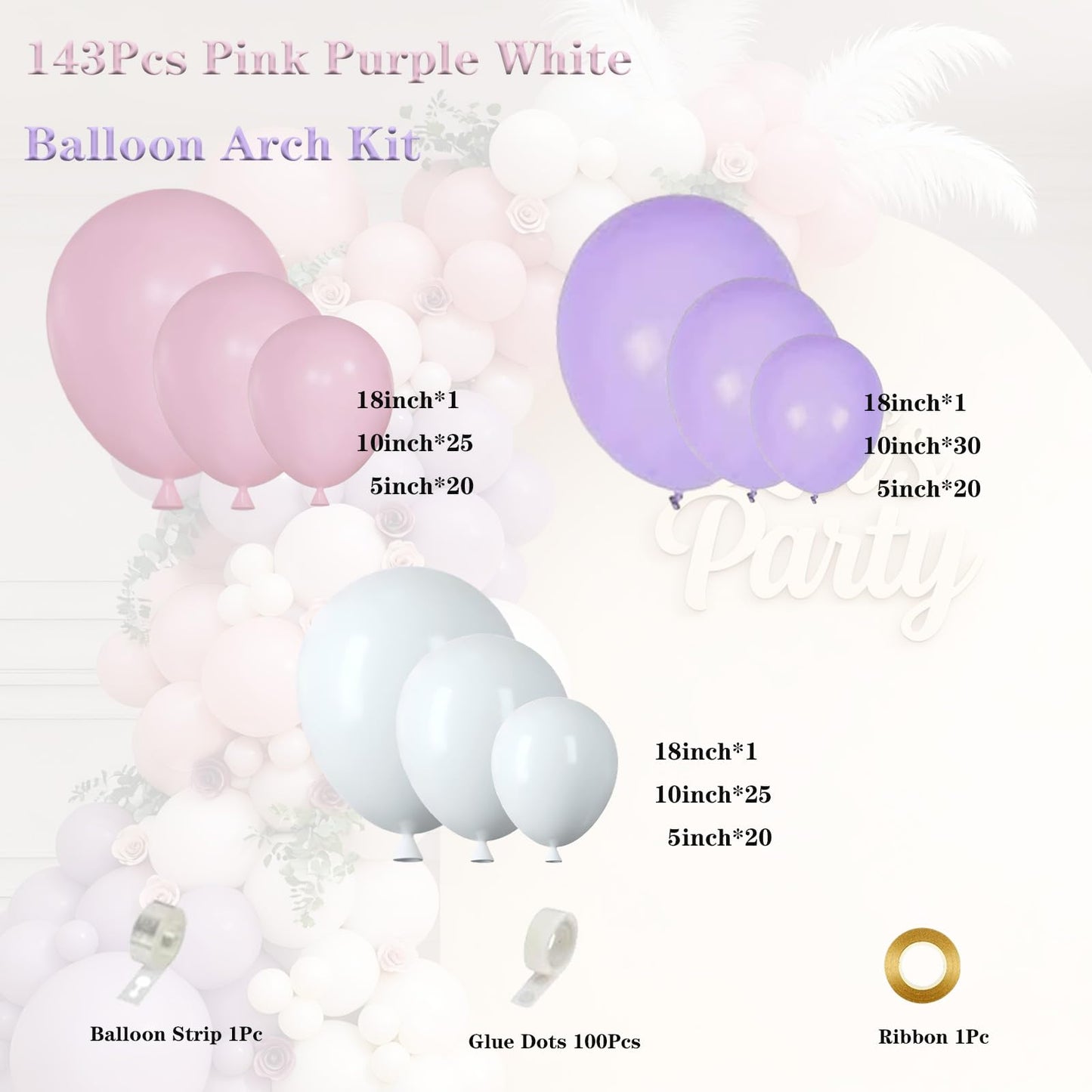 Pink Purple White Balloon Garland Arch Kit 143Pcs Lavender Light Pastel Purple Pink White Latex Balloons for Butterfly Bridal Shower Birthday Wedding Party Decorations