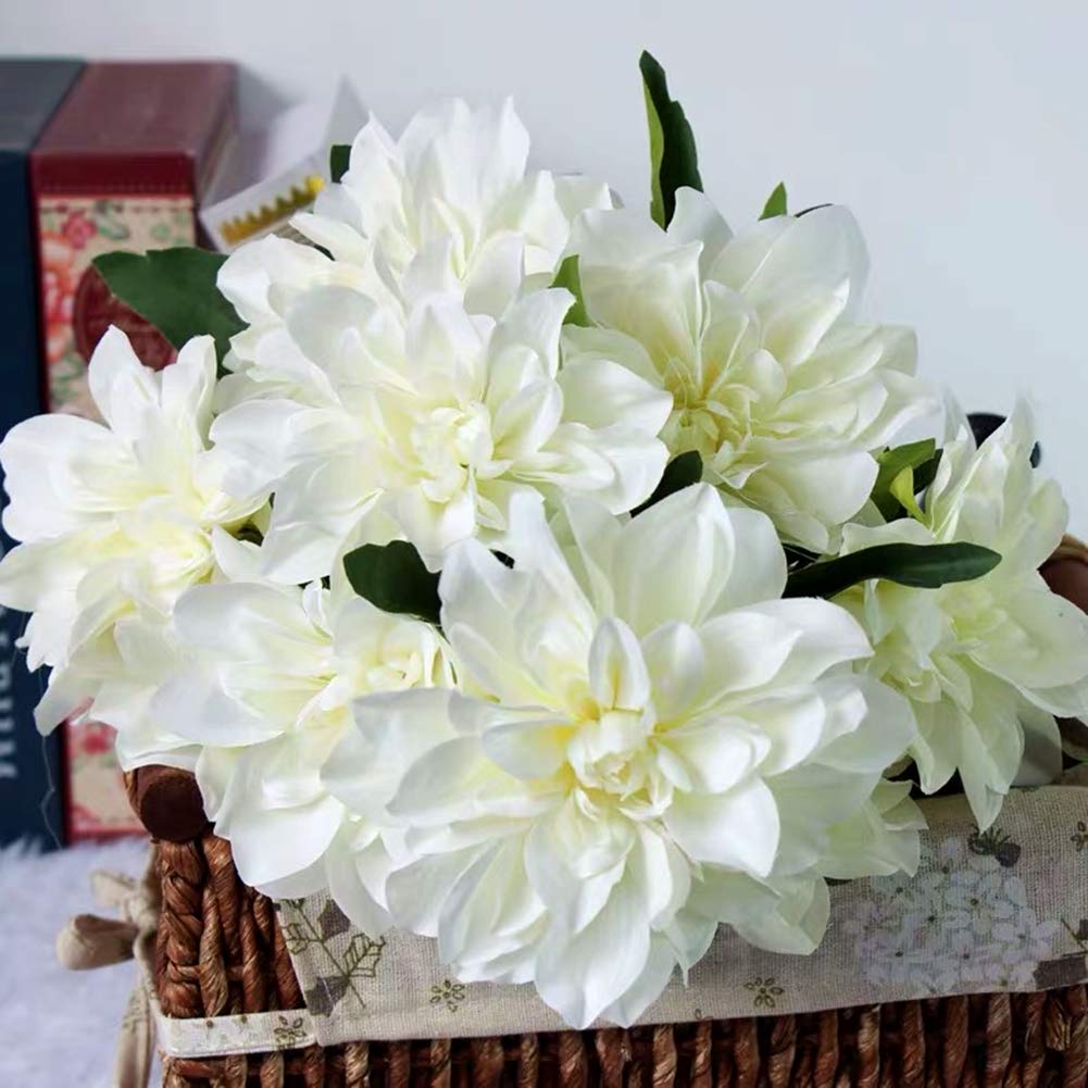 HoYuanFlo 10 Heads Dahlia Fake Flowers Artificial Dahlia Flowers Faux Flowers for Home Wedding Party Office Supplies (White)
