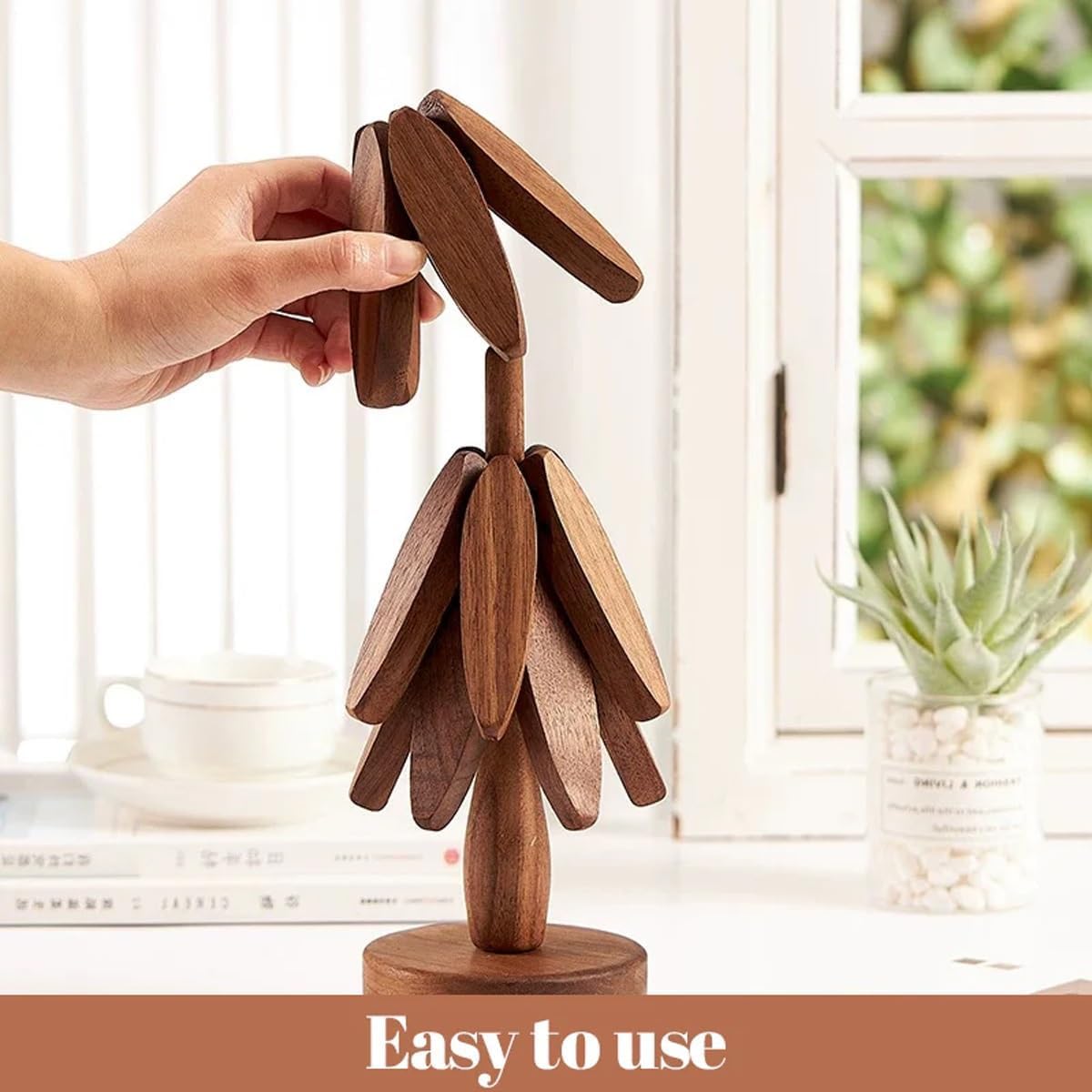 Wooden Trivets for Hot Dishes, Tree Shape Trivet Set, 5 Walnut Wood + 1 Stand stored Like a Christmas Tree,Foldable Kitchen Wooden Trivet,for Hot Dishes、Pot、Bowl、Teapot、Hot Pot Holder(Walnut Wood)