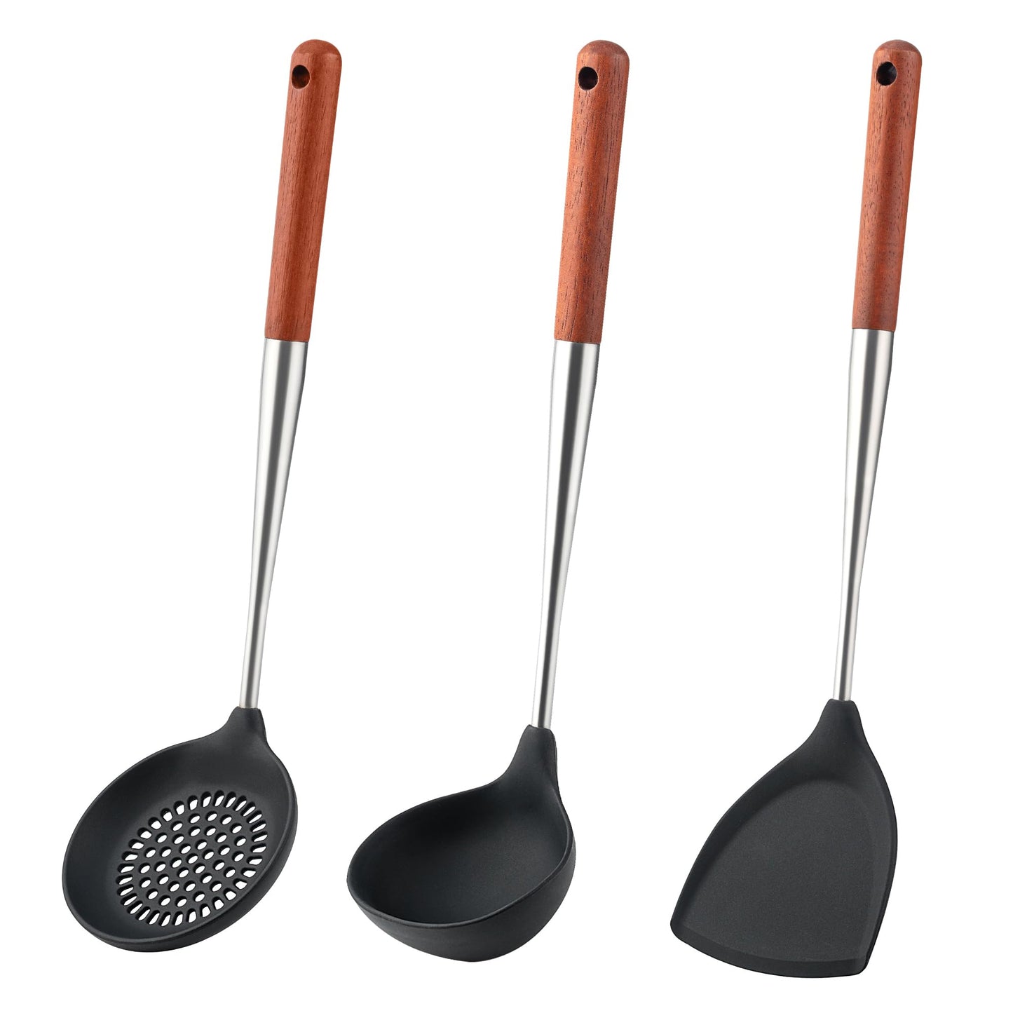 FJNATINH Silicone Spatula - Ladle - Skimmer Wok Tool Set,Stainless Steel Non Stick Heat-Resistant Cooking Utensils BPA Free Kitchen Utensils Cookware with Wooden Handle, Pack of 3