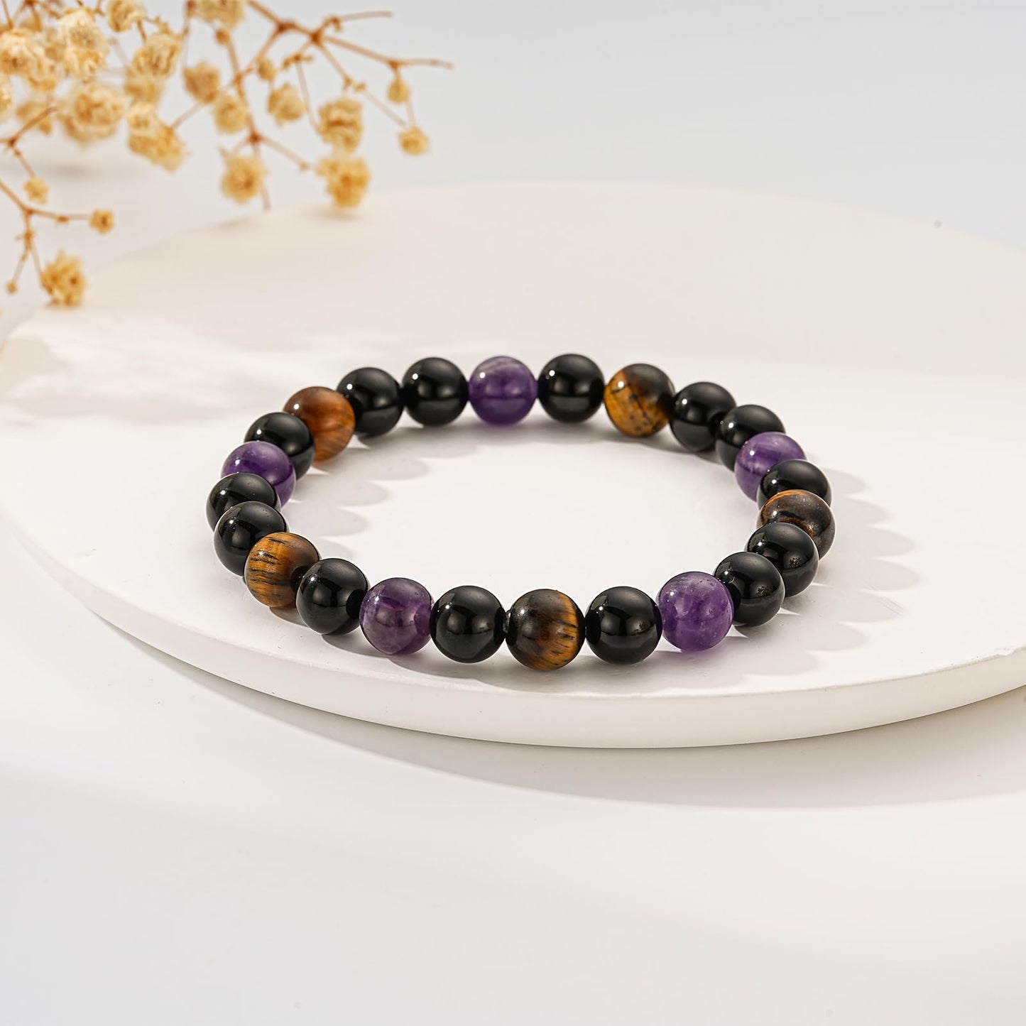 Gnamy Mothers Day Gifts for Mom from Daughter Son, Triple Protection Bracelet for Women, Healing Crystal Beads Bracelet Black Tourmaline Tigers Eye Amethyst Natural Stone Anxiety Jewelry Birthday Gifts Idea