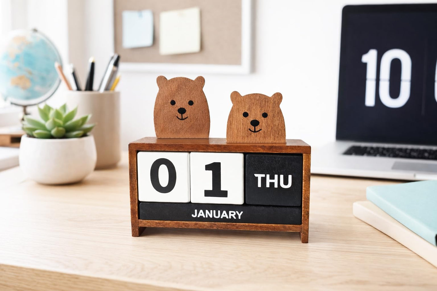 Wooden Perpetual Block Calendar for Desk, Wood Month Date Display Blocks for Teachers, Students, Classroom, Rustic Farmhouse Office Decor, Desk Accessories （Two Cute Bears)