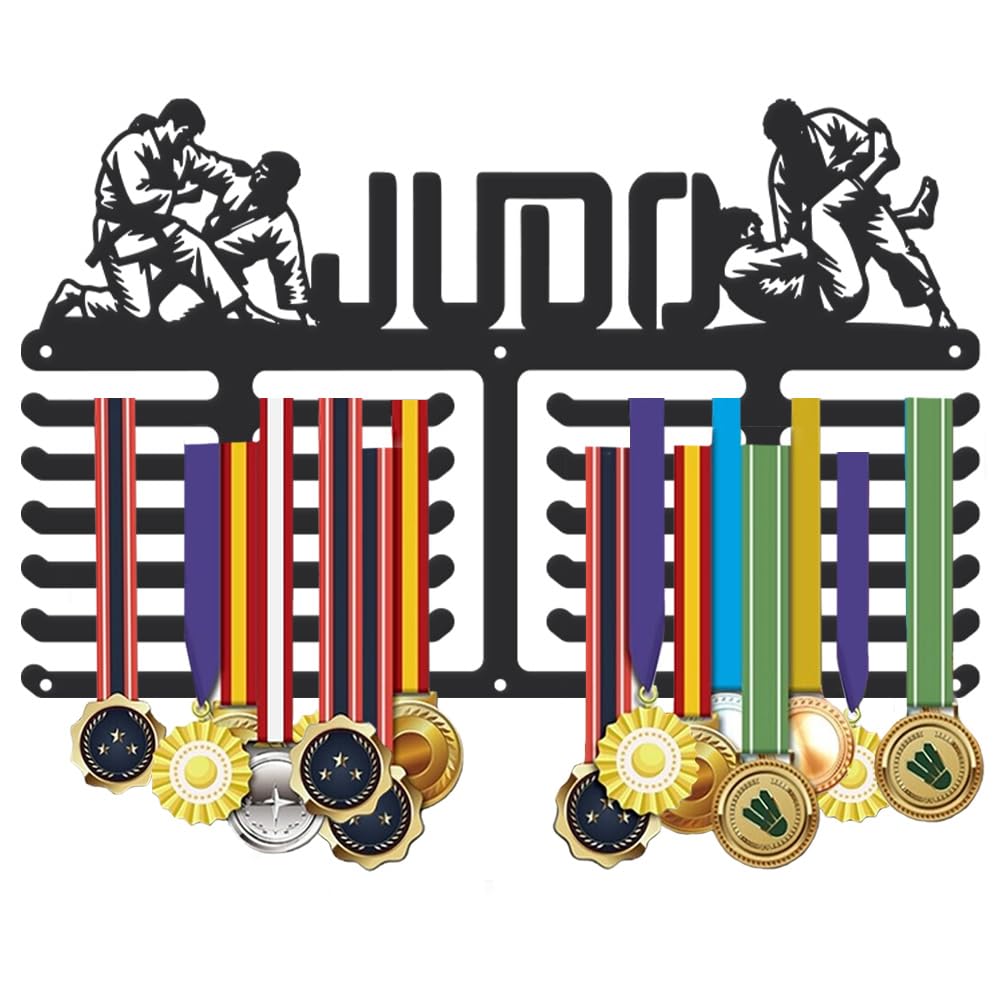 SUPERDANT Judo Medal Hanger Display Sports Medal Holder 6 Rows Wall Mount Judo Medals Hanging Hook Black Metal Display Rack Hangers Iron Race Ribbon Award Organizer for Athletes Player