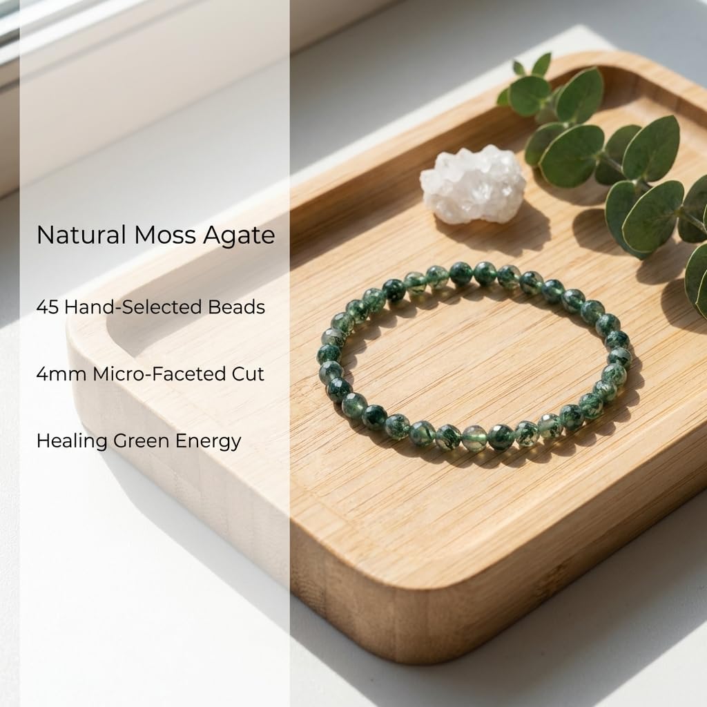 Angelstones Natural Moss Agate Gemstone Stretch Bracelet, 4mm Faceted Round Beads, Crystal Healing for Women