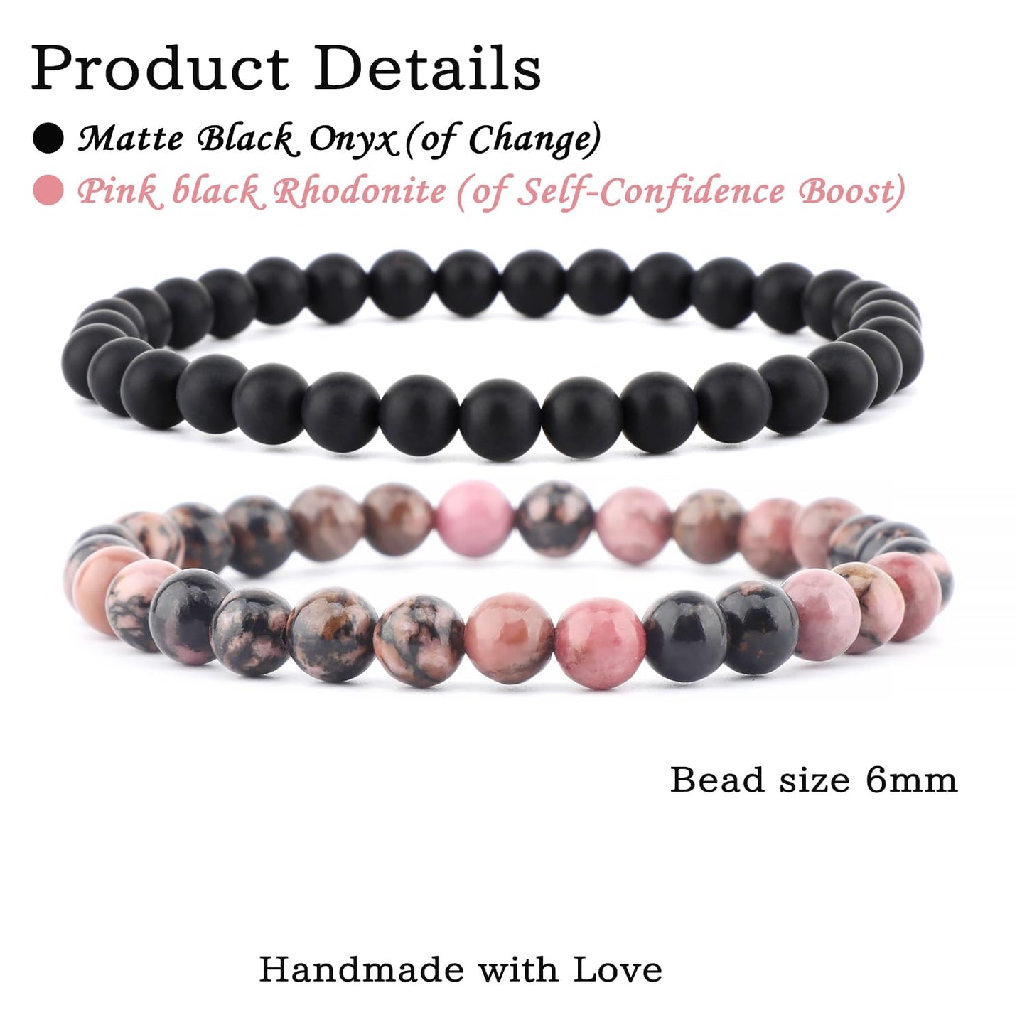 NCB 2-Piece 6mm Natural Crystal Gemstone Stretch Bracelets – ﻿Pink Black Rhodonite, Matte Black Agate Handmade Reiki Energy Healing Jewelry for Meditation,Yoga, Unisex
