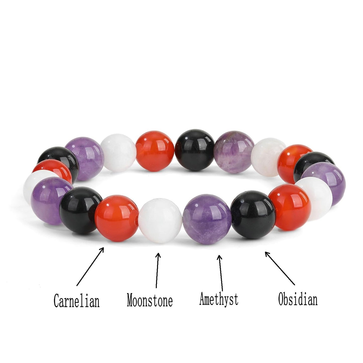 Crystal Vibe Protection & Energy Crystal Bracelet - 10mm Beaded Bracelets for Men Women With Stones of Amethyst, Black obsidian, Carnelian, Moonstone - Elastic Adjustable Size