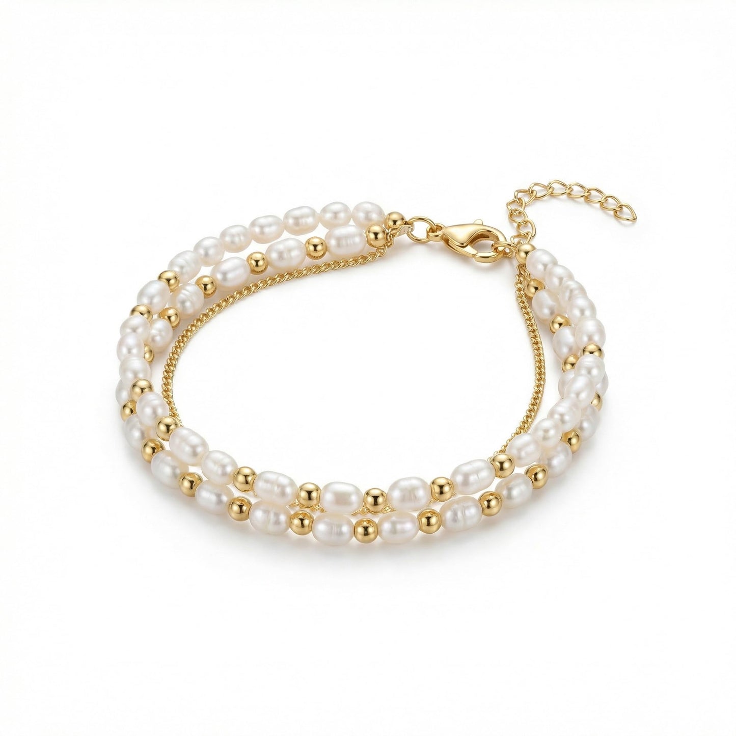 Pearl Bracelets for Women - 3 Pcs Gold Tone Dainty Beaded Bracelet Set - Minimalist Layered Simulated Pearl Link Chain Jewelry for Wedding Bridesmaid Party (White & Gold)