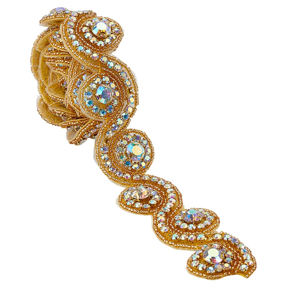 HOBBIESAY 1Yard Golden Rhinestone Applique Trim Hot Fix Ribbon Trim for Woman Wedding Crystal Applique Ribbon for Costume Accessories for Woman Hat Jeans Dress Bag