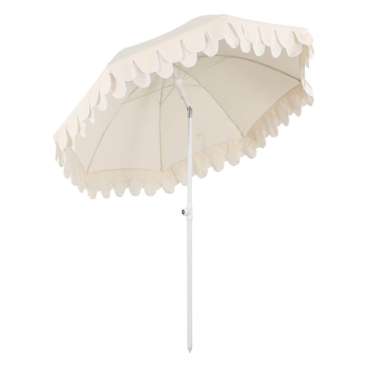 JONATHAN Y UMB1004C Horizon 6.5 ft. Classic MidCentury Scalloped Fringe Market Beach Umbrella with Push-Button Tilt, Wind Vent and UV Protection, and Matching Carry Bag in Cream/White, White Pole