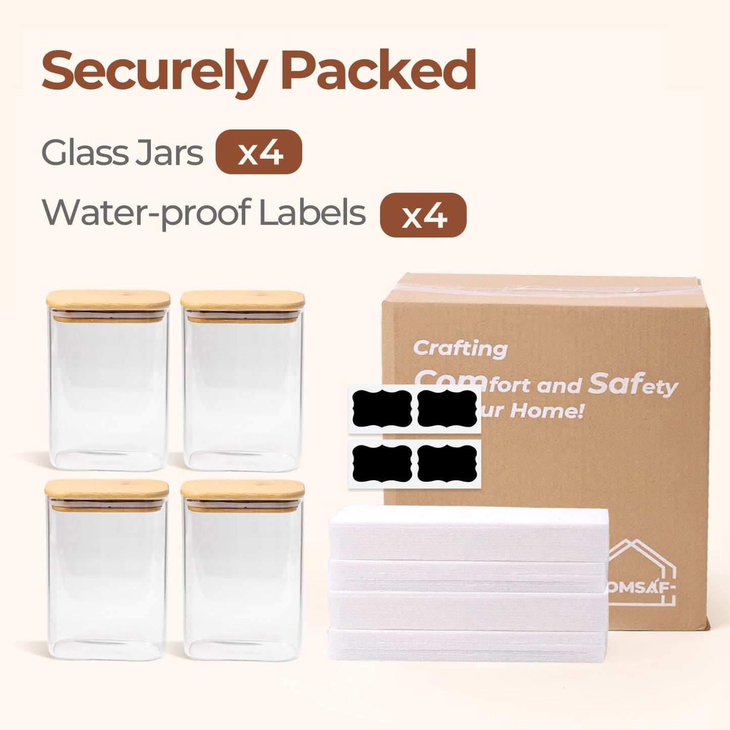 ComSaf 1.2 Qt Rectangle Glass Storage Containers with Lids, Glass Jars with Bamboo Lids, Clear Food Storage Jar, Sugar Coffee Containers, Pantry Container for Pasta Tea Candy Nut