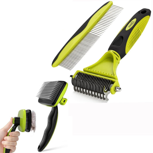 Pet Grooming Tool Bundle: Self-Cleaning Slicker Brush + Undercoat Rake + Comb