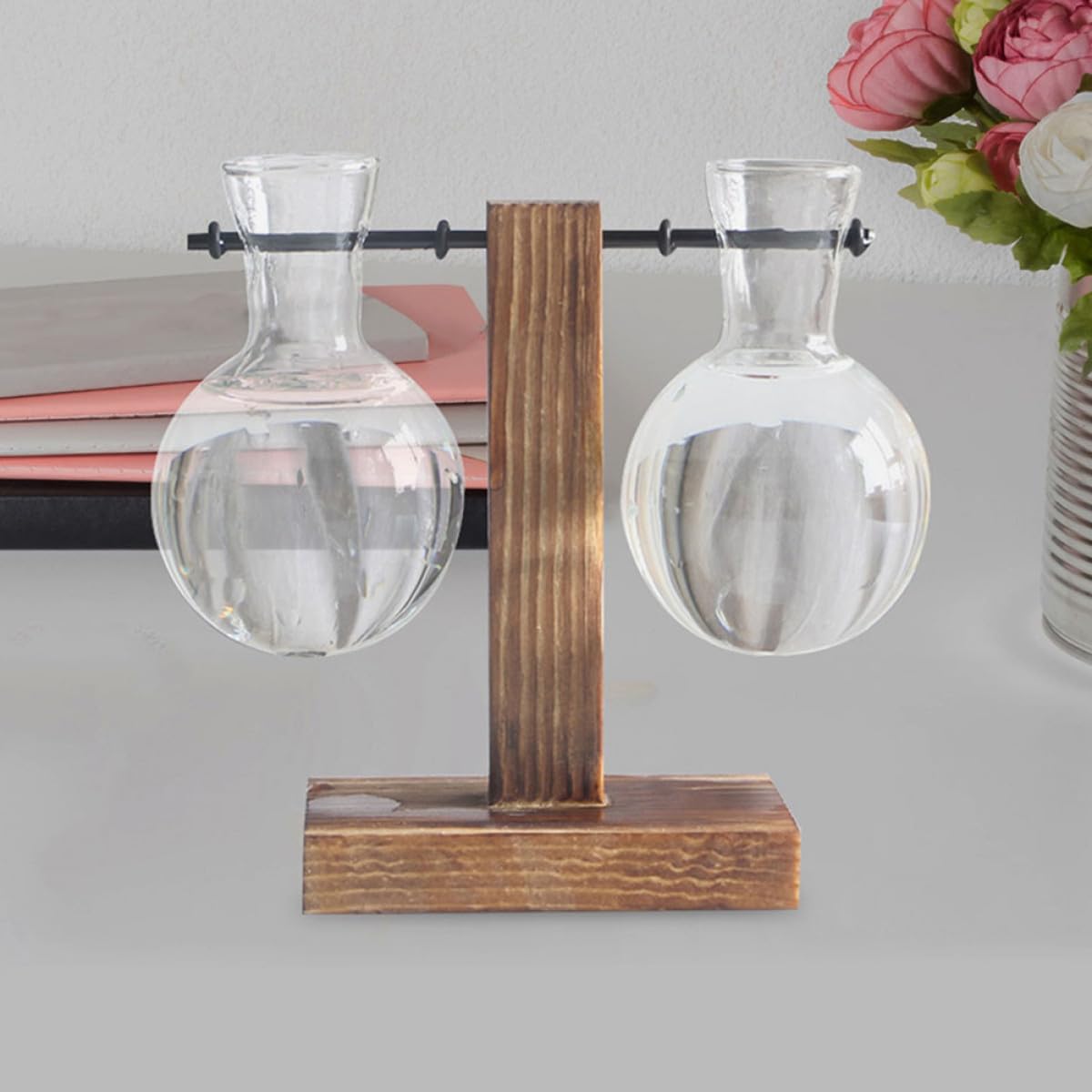 VICASKY 3pcs Hydroponic Glass Vase with Wood Stand, High Borosilicate Propagation Station for Indoor Plants and Flower Terrariums, Glass Plant Holder for Home Décor
