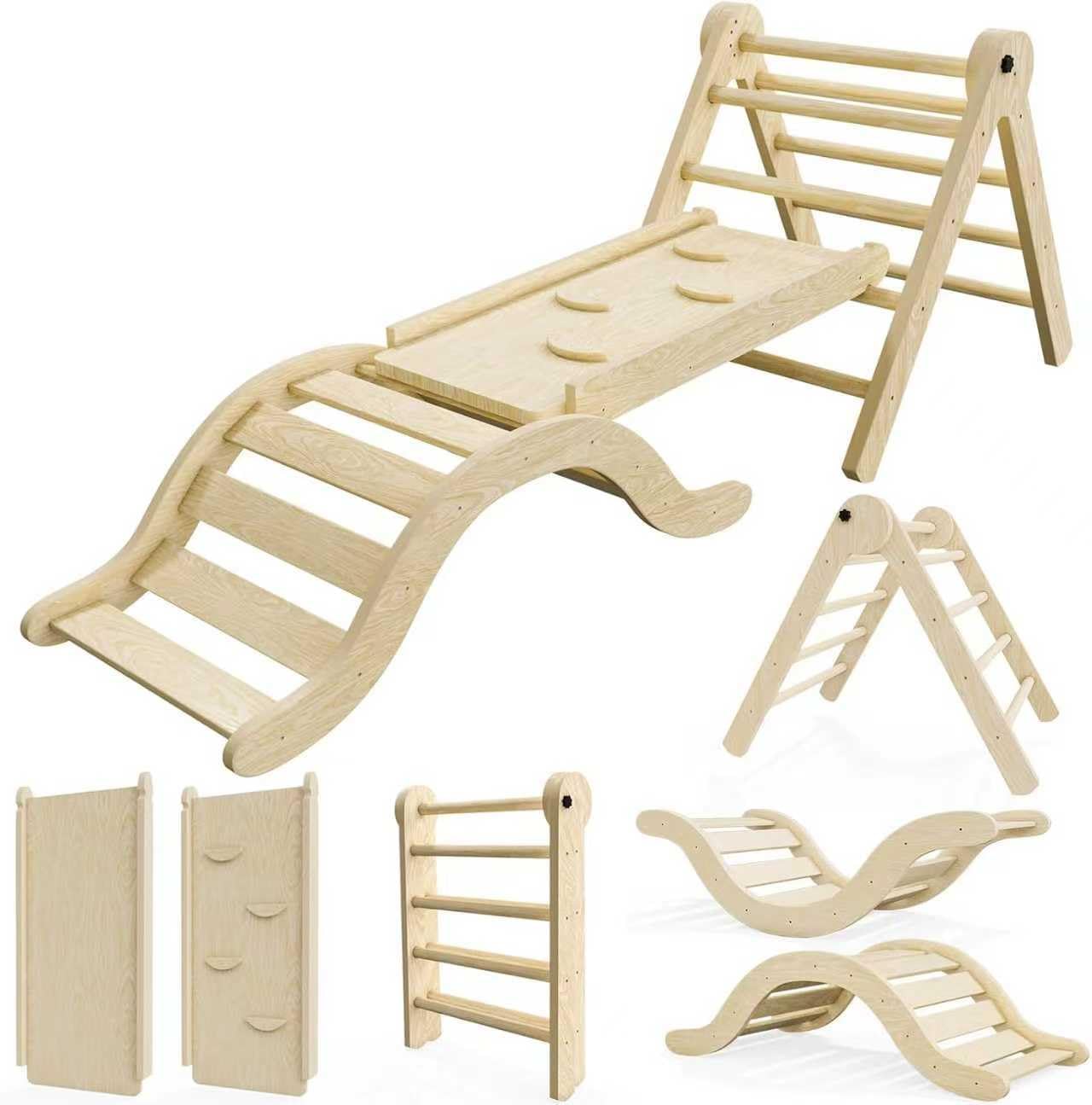 bbgroundgrm Pikler Triangle Set Climber 5 in 1, Toddler Climbing Toys Indoor Folding with Ramp & Arch for Montessori Play Gym for Toddlers and Kids (Natural)(99" Wx21 Dx23 H)