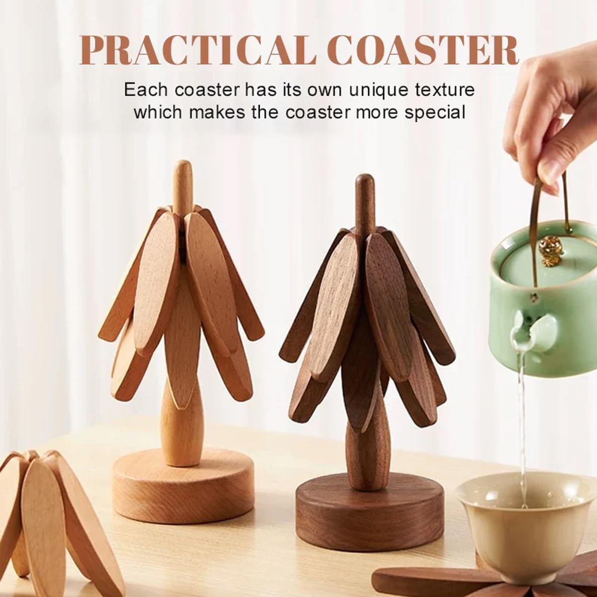 Wood Natural Tree Trivet Set, Christmas Tree Shape Trivets for Hot Dishes, 3-Piece Wooden Set with Stand for Pots, Bowls, Teapots (Dark Brown)
