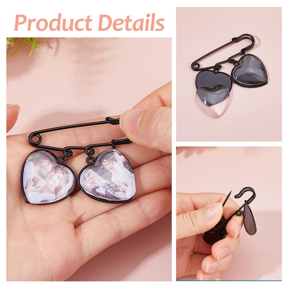 SUPERFINDINGS 5 Set Wedding Bouquet Photo Charm Black Bridal Brooches Pins DIY Pin Brooch Making Kit Alloy Double Heart Style Pendant Memorial Photo Charm for Women Wedding Memory Bridal Jewelry Gift