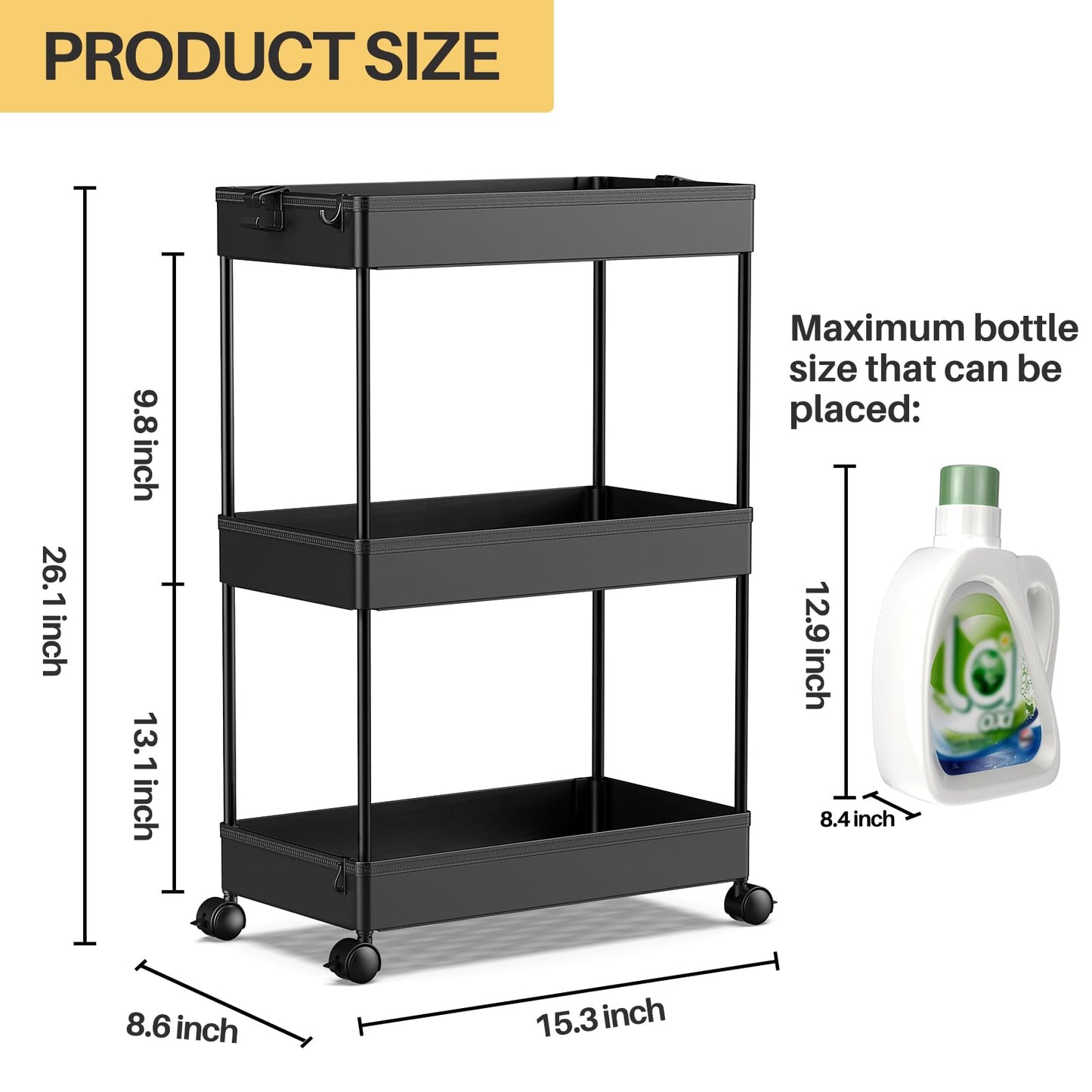 SPACEKEEPER Rolling Storage Cart 3 Tier Bathroom Cart Organizers with Wheels Laundry Room Organization Mobile Shelving Unit Utility Cart Storage Shelves Multi-Functional for Office, Home, Black