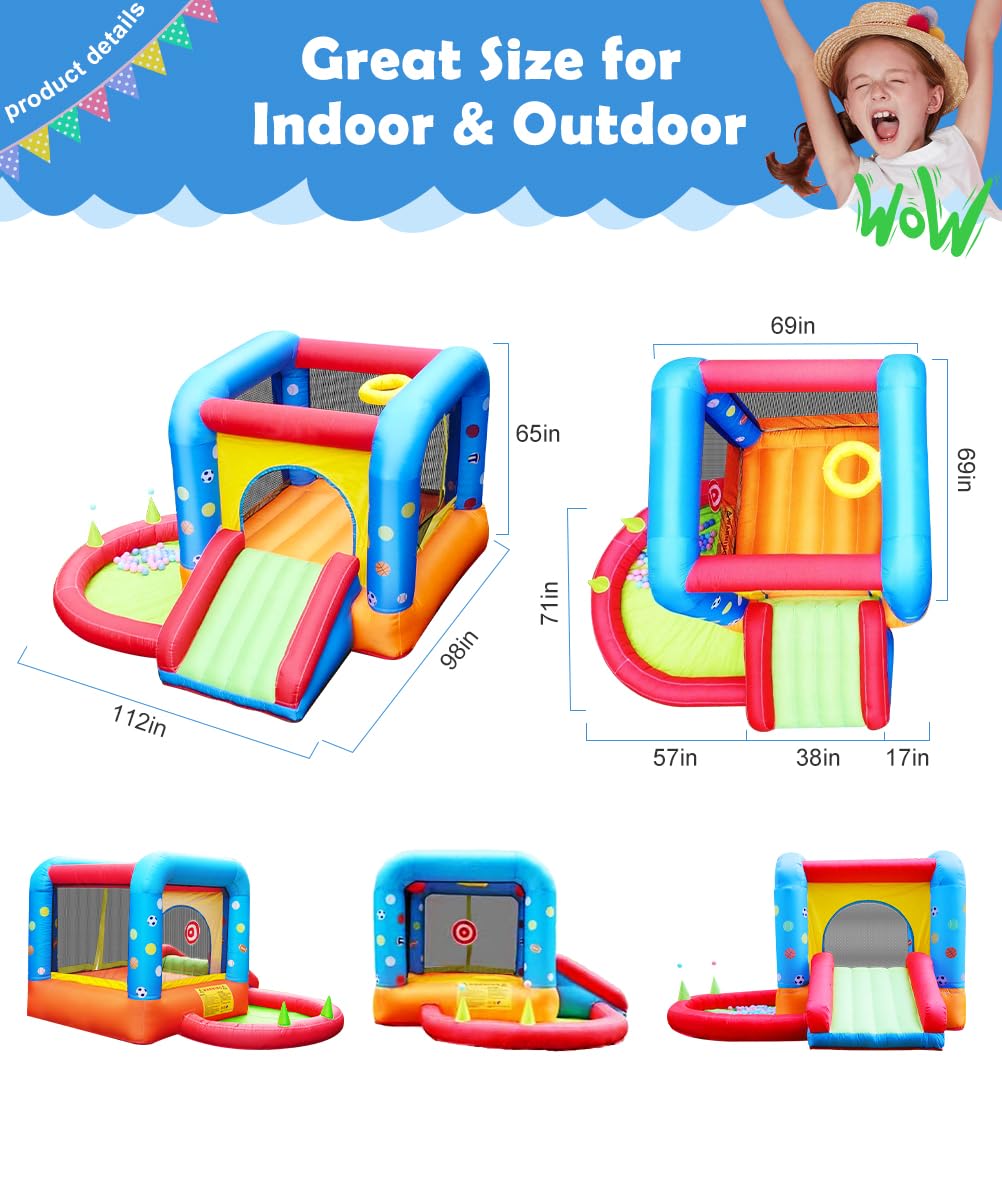 Step4Fun Inflatable Bounce House, Kids Castle Slide Bouncer for Children Jumping Outdoor and Indoor Party, Baby Backyard Water Jumper Toy with Blower, Ball Pit Pool, Ideal Gifts（112 x 98 x 65”）