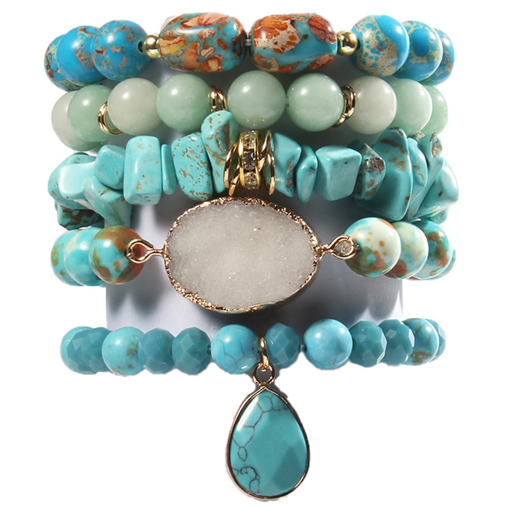 Yomisa 5PCS Natural Boho Beaded Bracelets for Women Men,Healing Turquoise Jasper Agate Crystal Gemstone Stone Diamond Chakra Multilayer Wrap Bohemian Handmade Jewelry Beads Stretch Bracelet Set