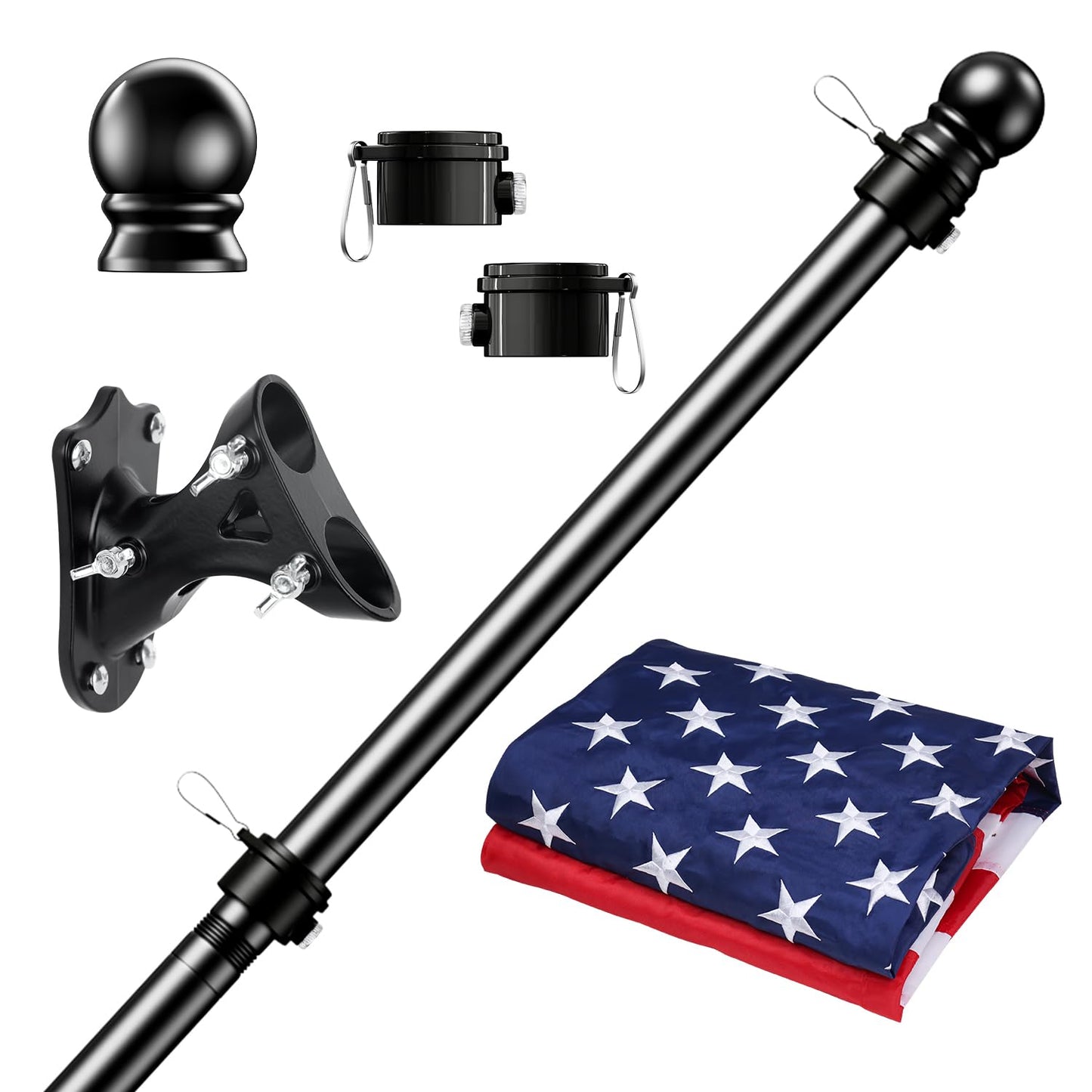 PHITRIC 5FT Flag Pole Kit with 3x5 American Flag for House Outside, Stainless Steel Rustproof Flagpole Holder for 3x5 Sports Fan Outdoor Flags for Outside House (Black)