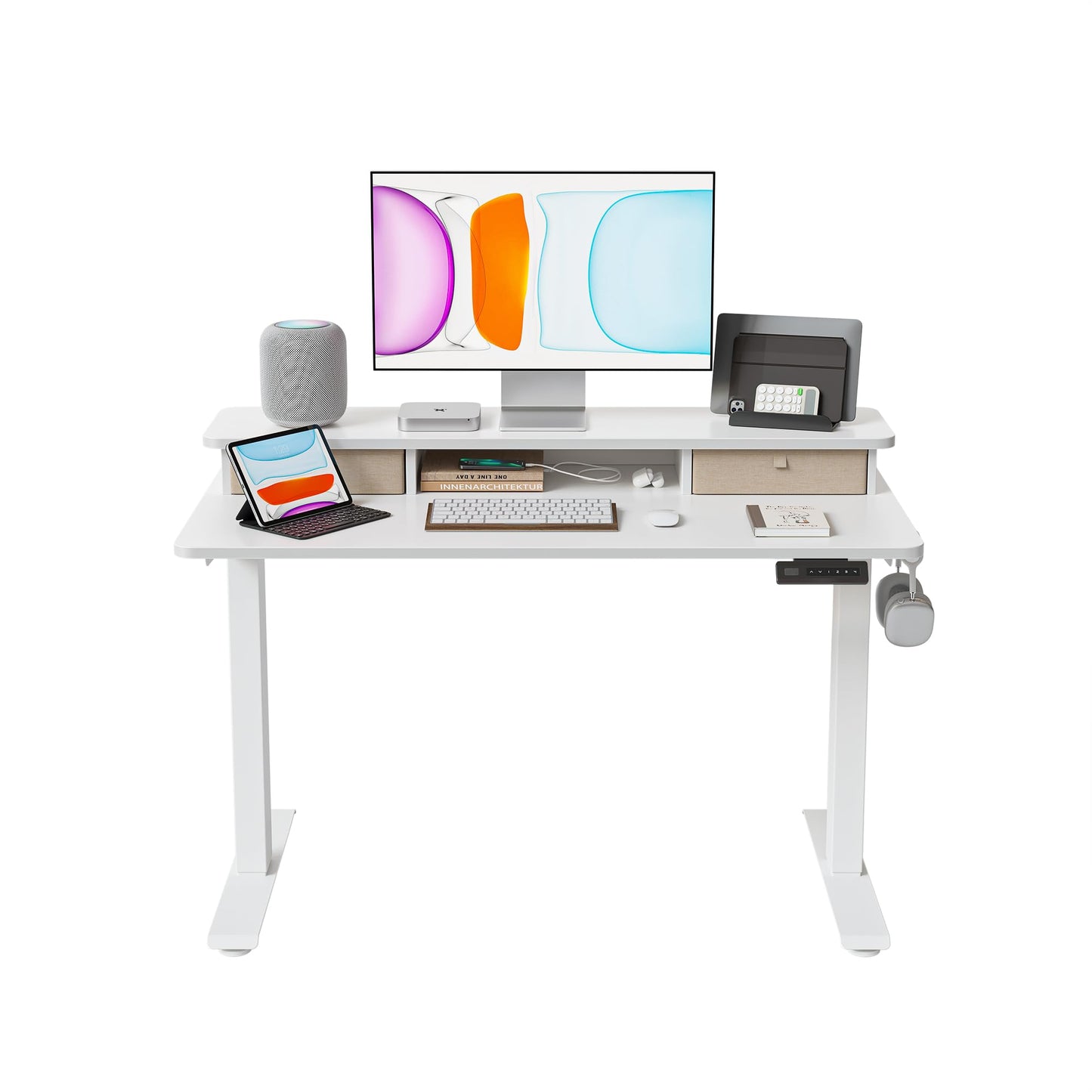 BANTI 40x24 Inch Electric Standing Desk with Dual Drawers, Height Adjustable Stand Up Table, Sit Stand Home Office Desk with Storage Shelf, White Frame/White Top