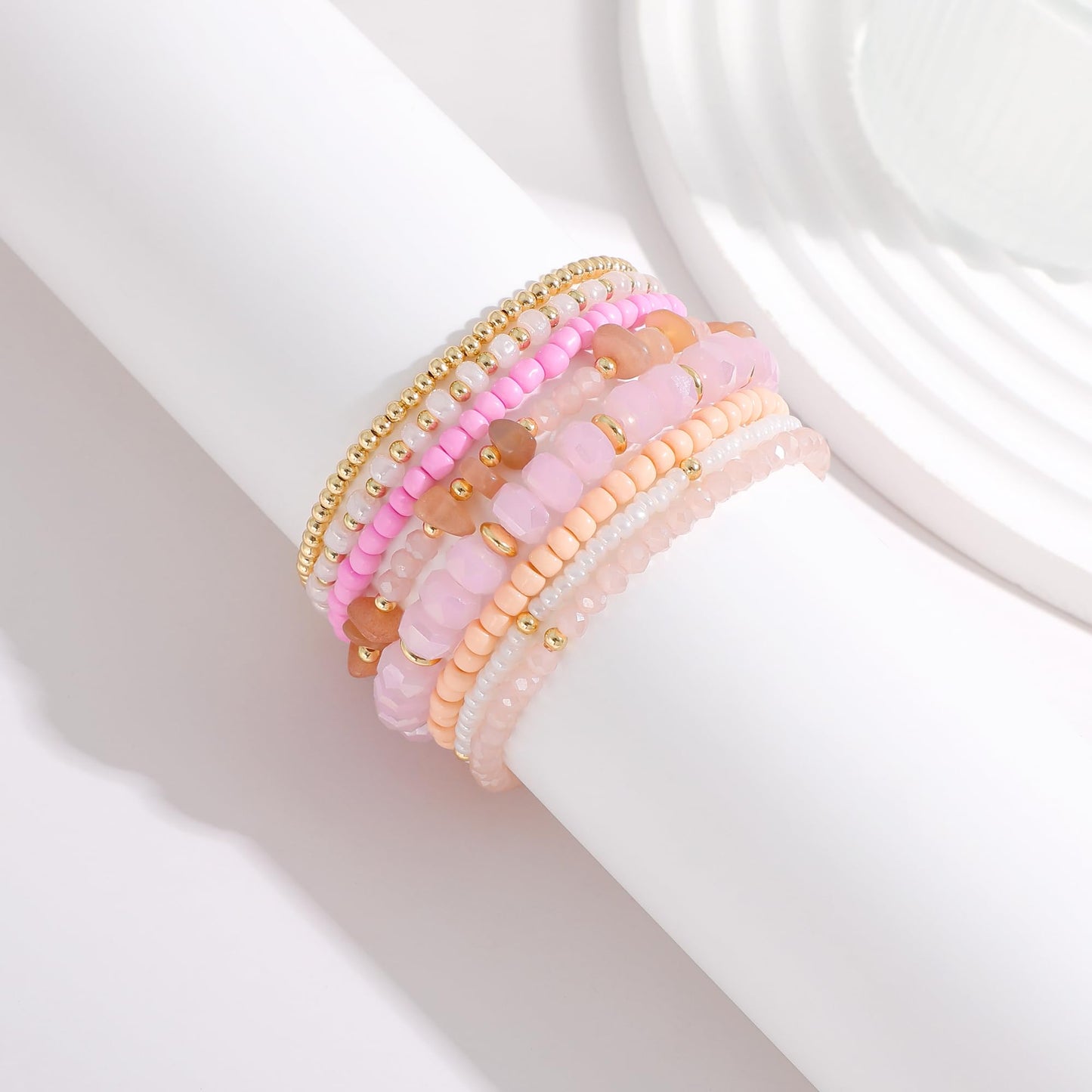RISHEGAE Heishi Beaded Stretch Bracelets for Women Stackable Polymer Clay Beads Bracelets Friendship Boho Summer Beach Bracelet Jewelry Set (A-A pink)