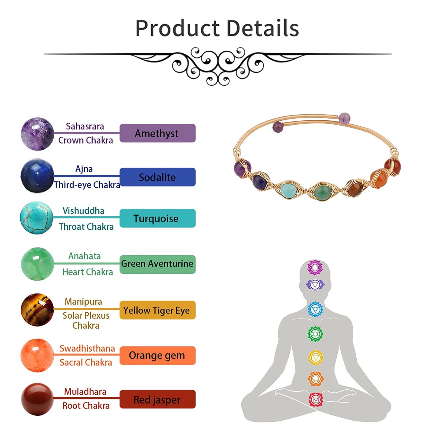 ASGIFT 7 Chakra Bracelet for Women Healing Crystal Stone Bead Bracelet Adjustable Yoga Meditation 14K Gold Crystal Beaded Bracelet Jewelry Gifts for Girlfiend