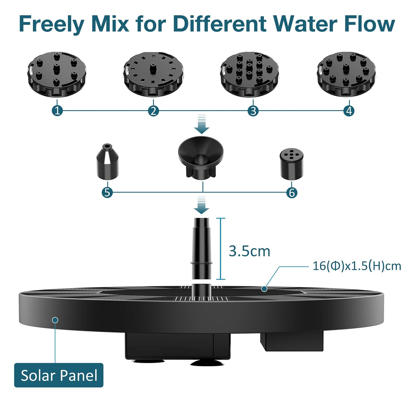 AISITIN Solar Bird Bath Fountain with 6 Nozzles, Solar Powered Floating Water Fountain Pump for Bird Bath, Pond, Pool, Garden, Fish Tank and Outdoor