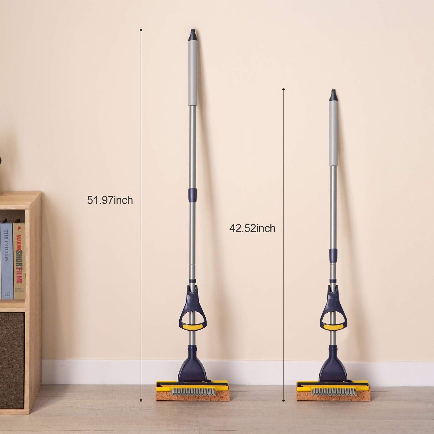 Yocada Sponge Mop Home Commercial Use Tile Floor Bathroom Garage Cleaning Total 2 Sponge Heads NOT 3 Telescopic Handle Squeegee from 42.5 to 52 Inches Easily Dry Wringing only 2 Heads