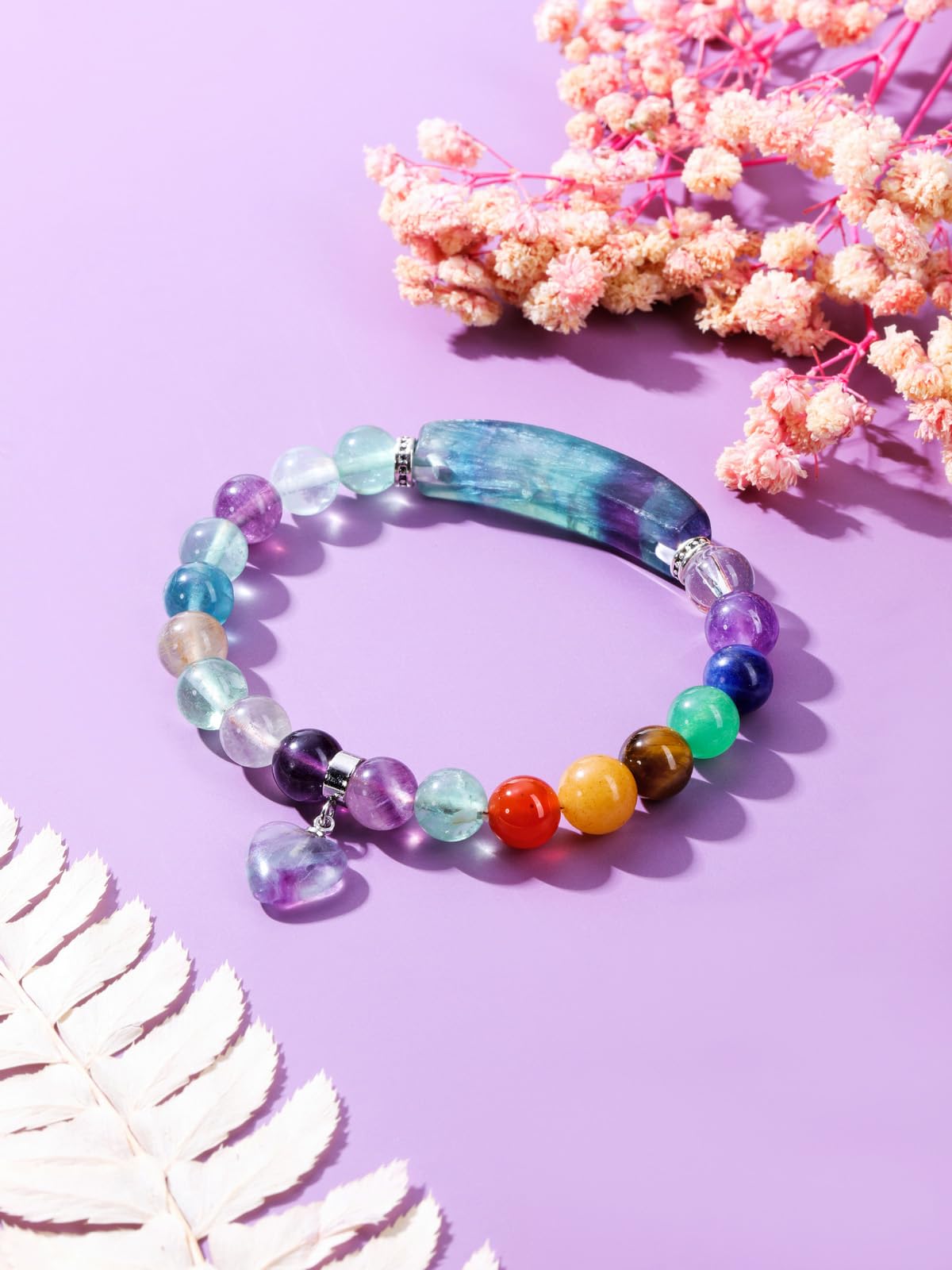 Jovivi 7 Chakra Bracelets for Women Men Natural Chakra Gemstones 8mm Round Beads Fluorite Crystal Heart Bracelet Reiki Healing Stones Energy Stretch Bracelet Jewelry Gifts