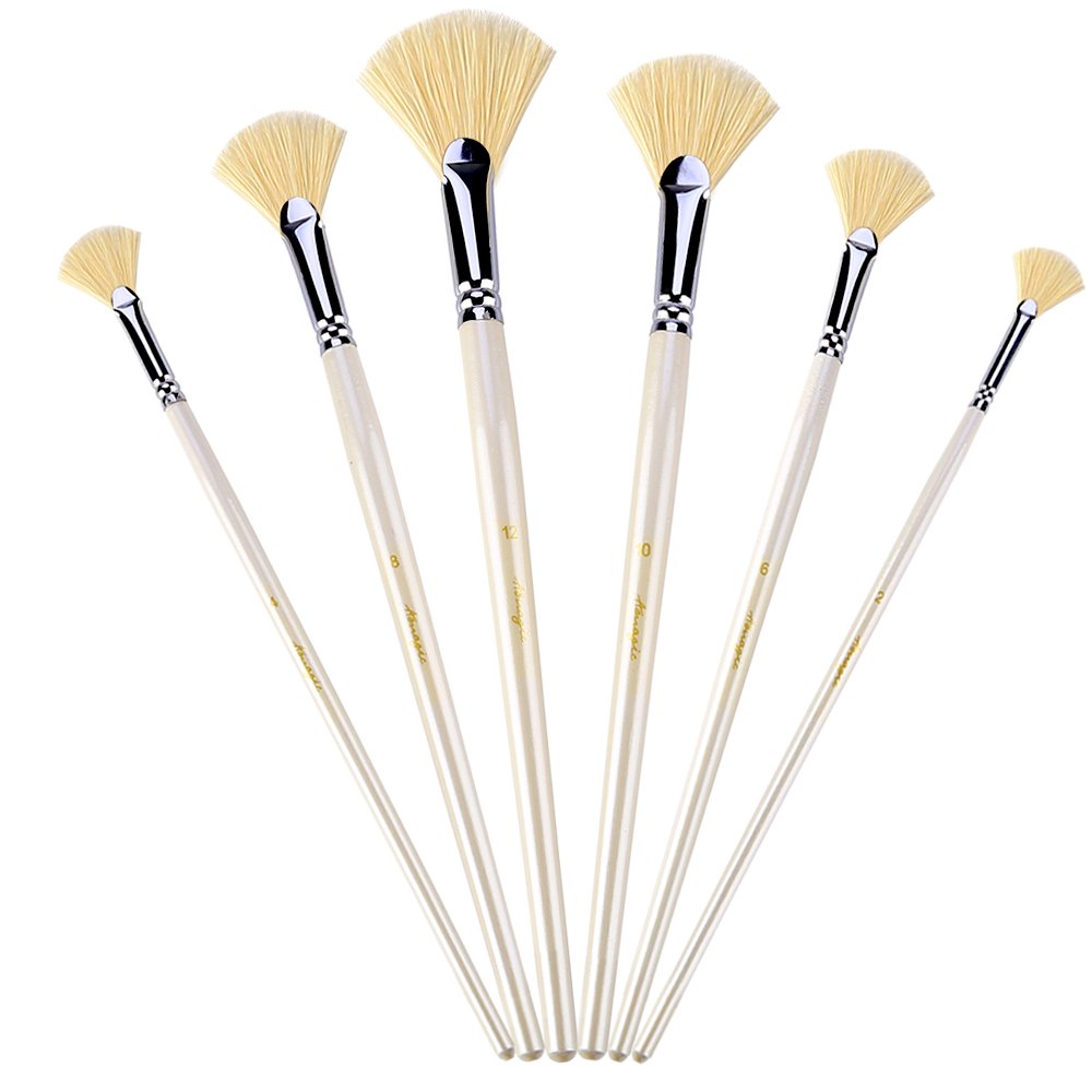 Amagic Fan Brush Set - Hog Bristle Natural Hair - Artist Soft Anti-Shedding Paint Brushes for Acrylic Watercolor Oil Painting, Long Wood Handle with Case, Set of 6