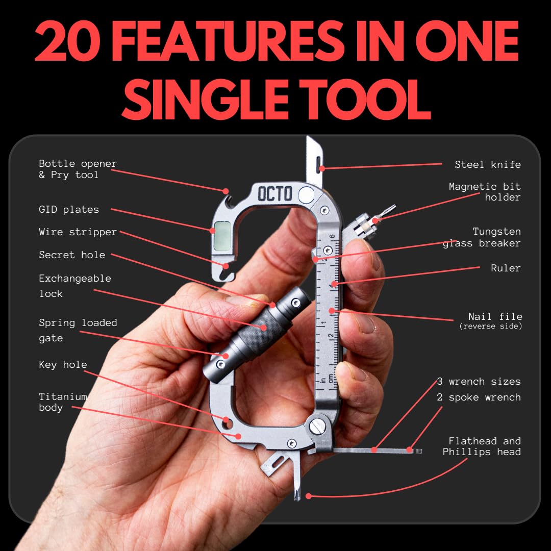 OCTO MAX 20-in-1 Titanium Carabiner Multi-Tool | Heavy-Duty EDC with Steel Knife, Glass Breaker, Bottle Opener, Wrenches, Screwdrivers & More