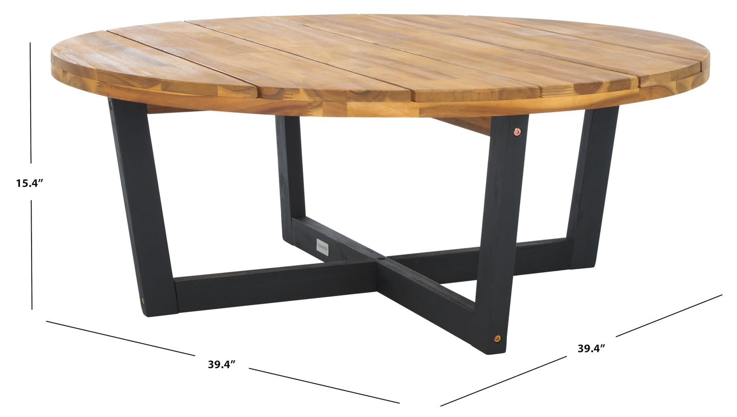 SAFAVIEH Outdoor Collection Leo Natural/Black 4-Leg Round Coffee Table, Ideal for Deck, Patio, Backyard, Sunroom