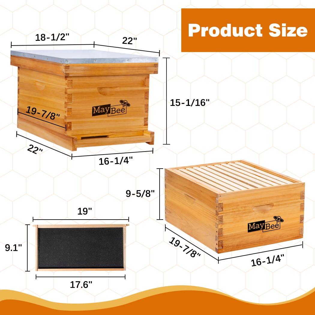 MayBee 10-Frame Beehive Starter Kit, Bee Hive Kit Dipped in 100% Beeswax, Bee Hives Boxes Starter Kit Includes Beekeeping Supplies Tool Kit and Bee Suit