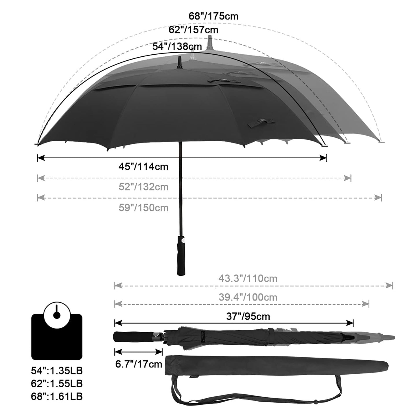 G4Free 47/54/62/68/72 Inch Automatic Open Golf Umbrella Extra Large Oversize Double Canopy Vented Windproof Waterproof Stick Umbrellas (Black)