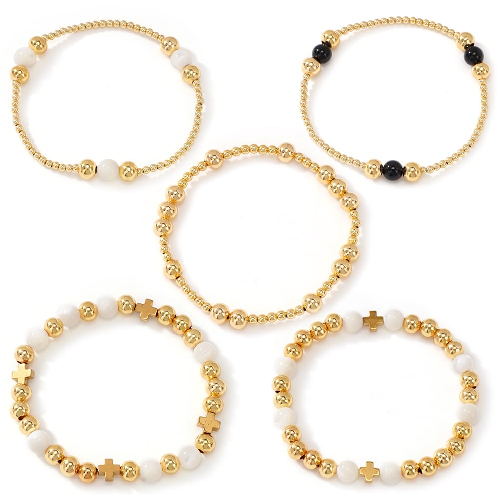 Bohxantium Gold Cross Beaded Bracelets for Women Handmade Boho Stretch Stackable 14K Gold Plated Glass Round Beads Ball Bracelet Stack Non Tarnish Trendy Jewelry Set Accessories Christian Gift