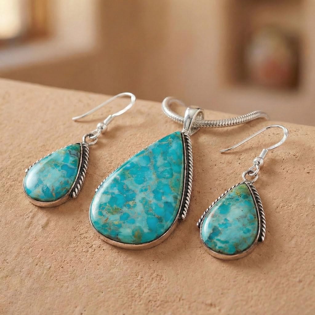 925 Sterling Silver Matching Pendant & Earrings Set with Genuine Gemstones 20" Necklace (Turquoise)