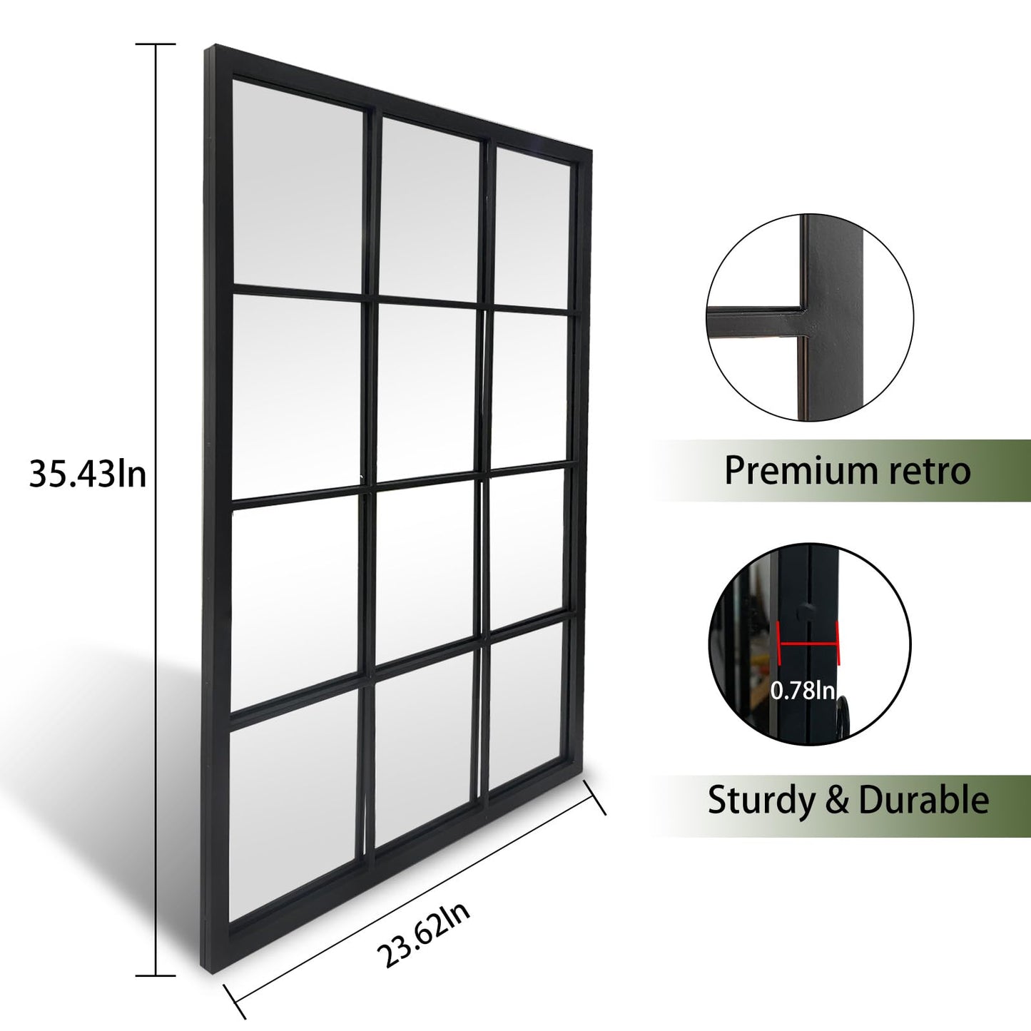 OUSHUAI Balck Rectangle Mirror,Window Pane Grid Mirror,Minimalism Wall Mounted Mirror for Entryway,Hallway,Living Room,Fireplace 24"X36"