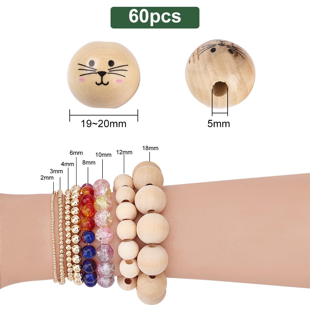 PH PandaHall 60pcs Cat Face Wooden Beads 18mm Painted Beads Farmhouse Wooden Beads Spacer Beads Loose Round Beads for DIY Crafts Home Party Hanging Decoration Festival Easter