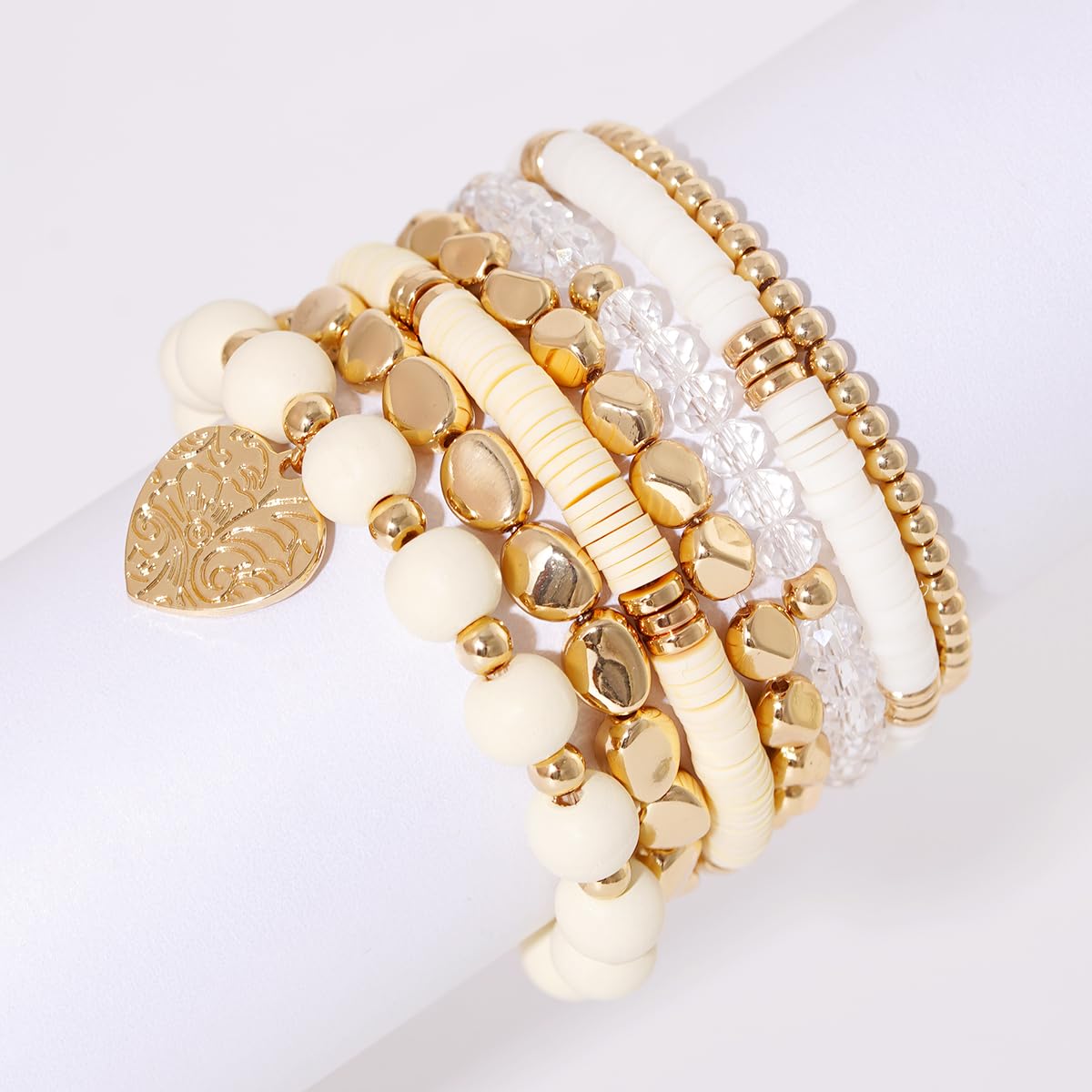 GOOJIDS Surfer Heishi Clay Bead Bracelets for Women Bohemian Stackable Gold Plated Beaded Stretch Bracelets Elastic Layering Friendship Bracelets Set Boho Jewelry