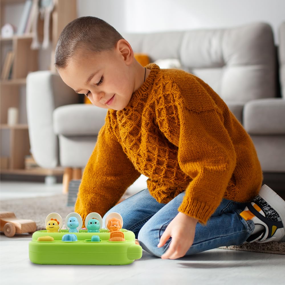 Baby Pop-Up Toy, Educational Animal Playset for Toddlers, Cause and Effect Learning, Fine Motor Skills Development, Portable Travel Toy with Engaging Buttons, Perfect for Infants and Toddlers (Green)