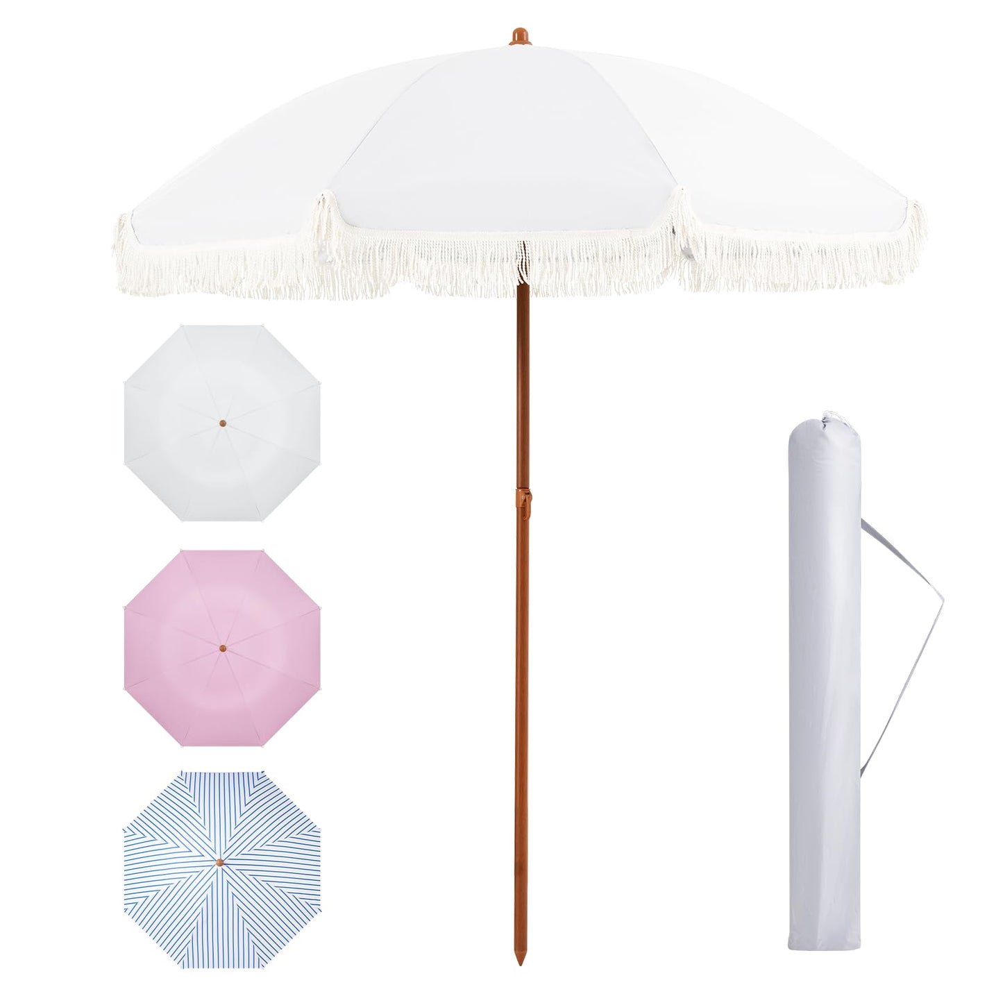 Aoxun 7ft Patio Umbrella with Fringe,Outdoor Beach Umbrella with Aluminum Pole, Ribs Push Button Tilt and Carry Bag, UV 50+ Picnic Tassel Umbrella (White)