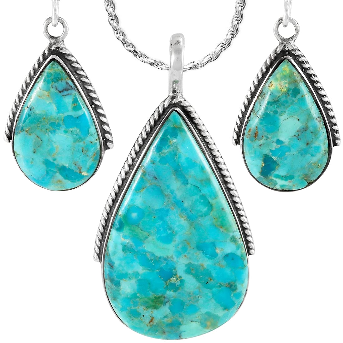 925 Sterling Silver Matching Pendant & Earrings Set with Genuine Gemstones 20" Necklace (Turquoise)