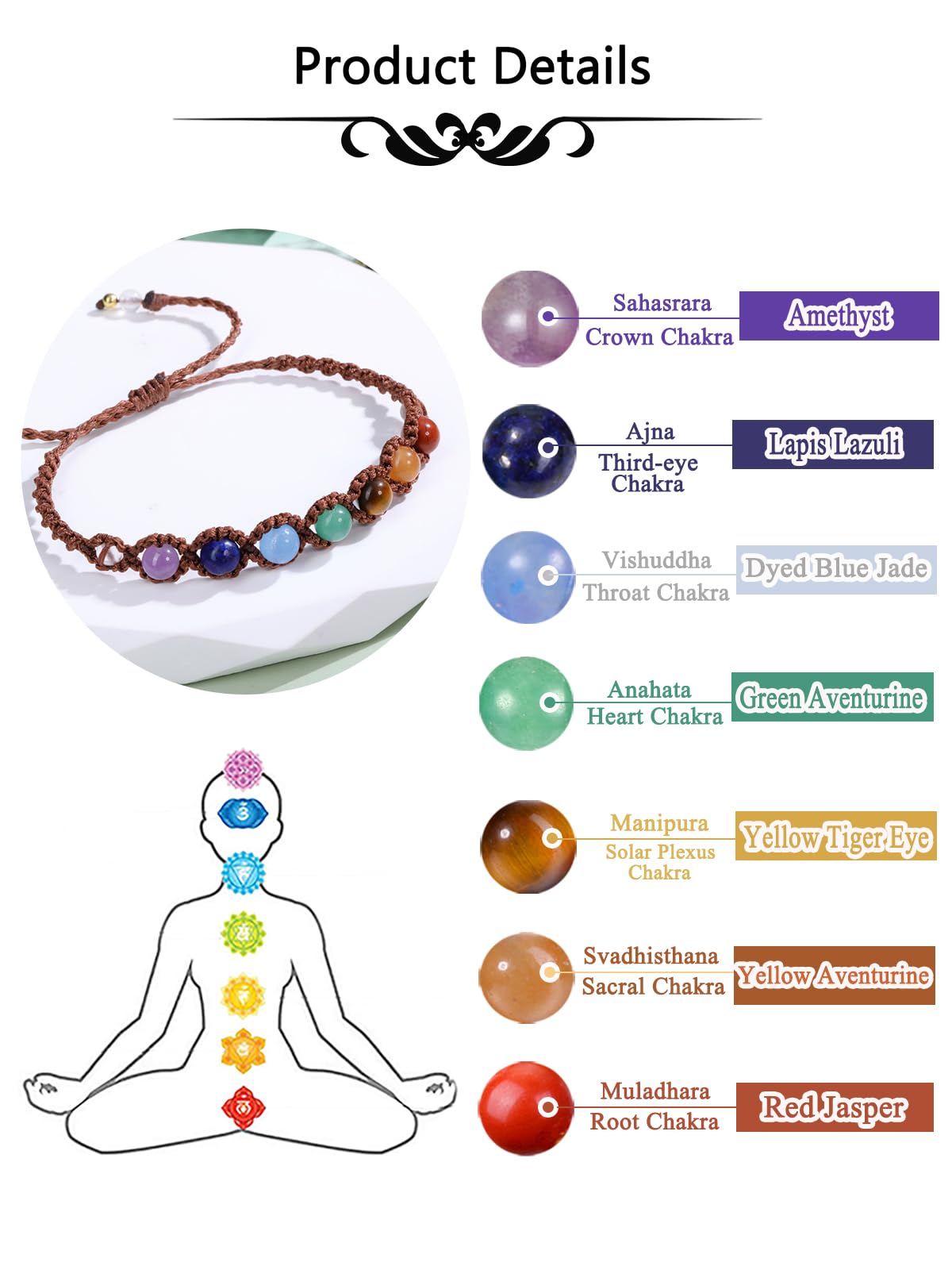 Jovivi 7 Chakras Healing Crystals Bracelet 6mm Natural Gemstone Round Stone Yoga Beads Bracelets Wrapped Rope Adjustable Handmade Jewelry Gift for Womens Men